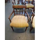 Arthur Brett Sheraton-Style Mahogany Dining Arm Chair In Yellow/Red Striped Upholstery With