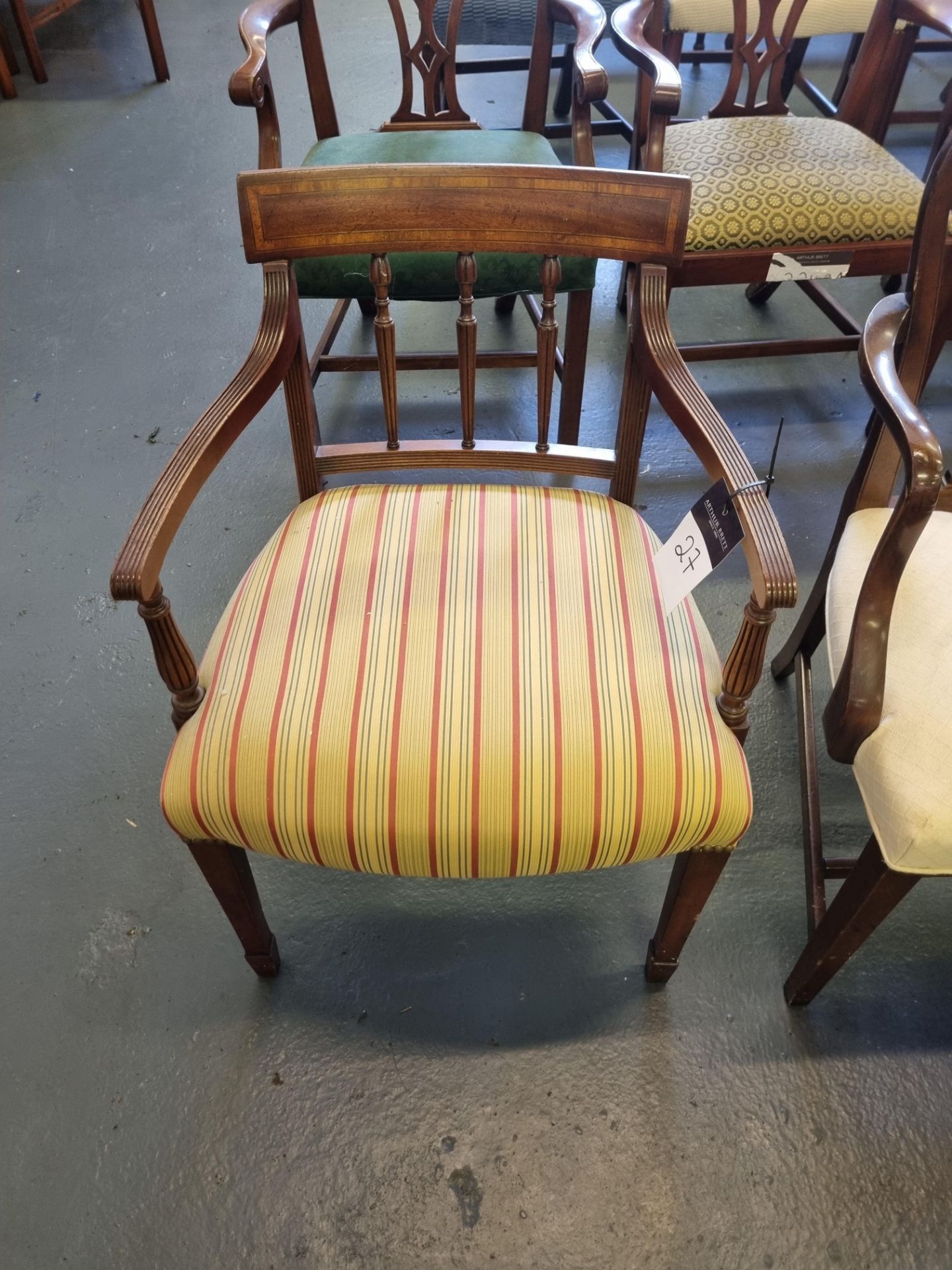 Arthur Brett Sheraton-Style Mahogany Dining Arm Chair In Yellow/Red Striped Upholstery With