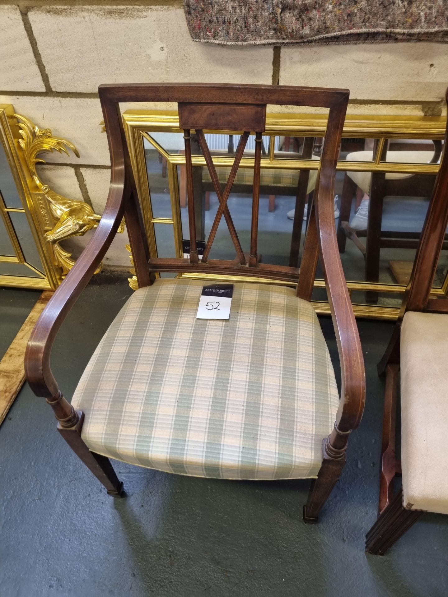 Arthur Brett Mahogany Dining Arm Chair With Green Checked Upholstery With X Detail To Back Height