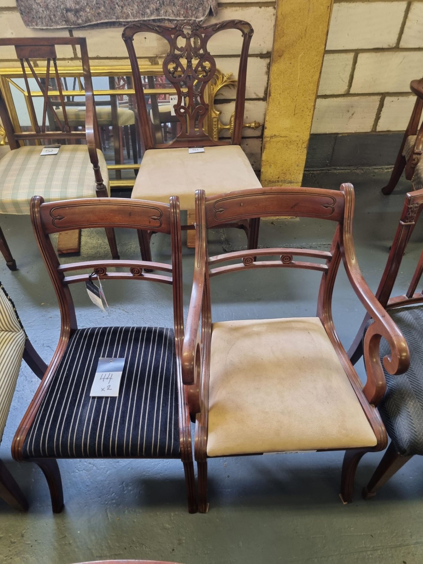 2 X Arthur Brett Regency-Style Mahogany Dining Chairs Upholstered On Sabre Legs With Drop In Seat,