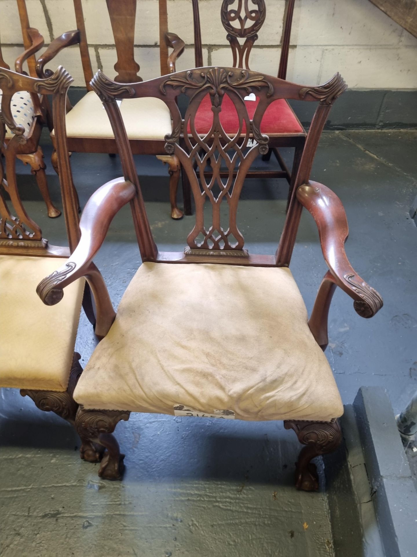 3 X Arthur Brett Mid-Georgian-Style Carved Mahogany Upholstered Dining Chairs With Brown - Image 4 of 5