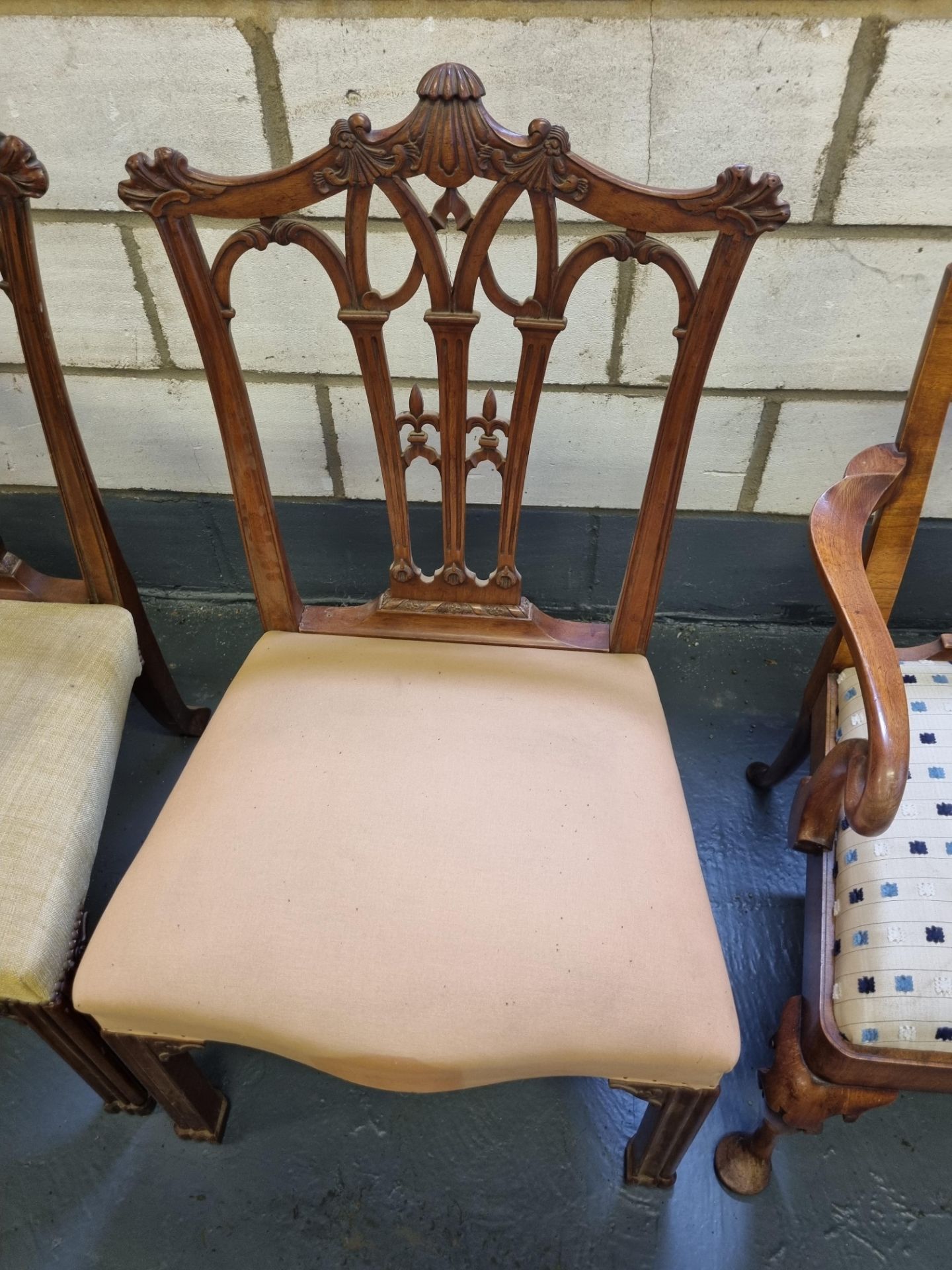 3 X Arthur Brett Mahogany Upholstered Dining Chairs With Great Carving Detail To Back And Legs; - Image 3 of 5