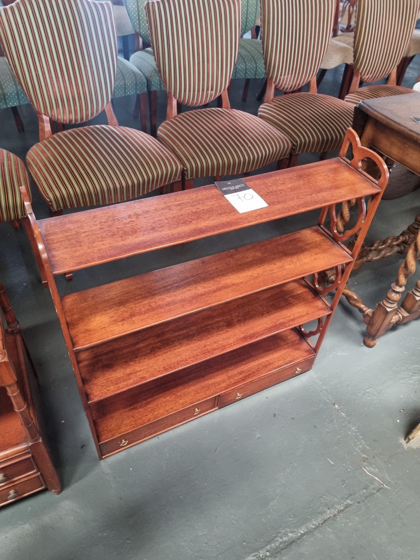 Arthur Brett Large Mahogany Fret Bookshelf Fitted With Two Drawers. Height 87.5cm Width 81cm Depth