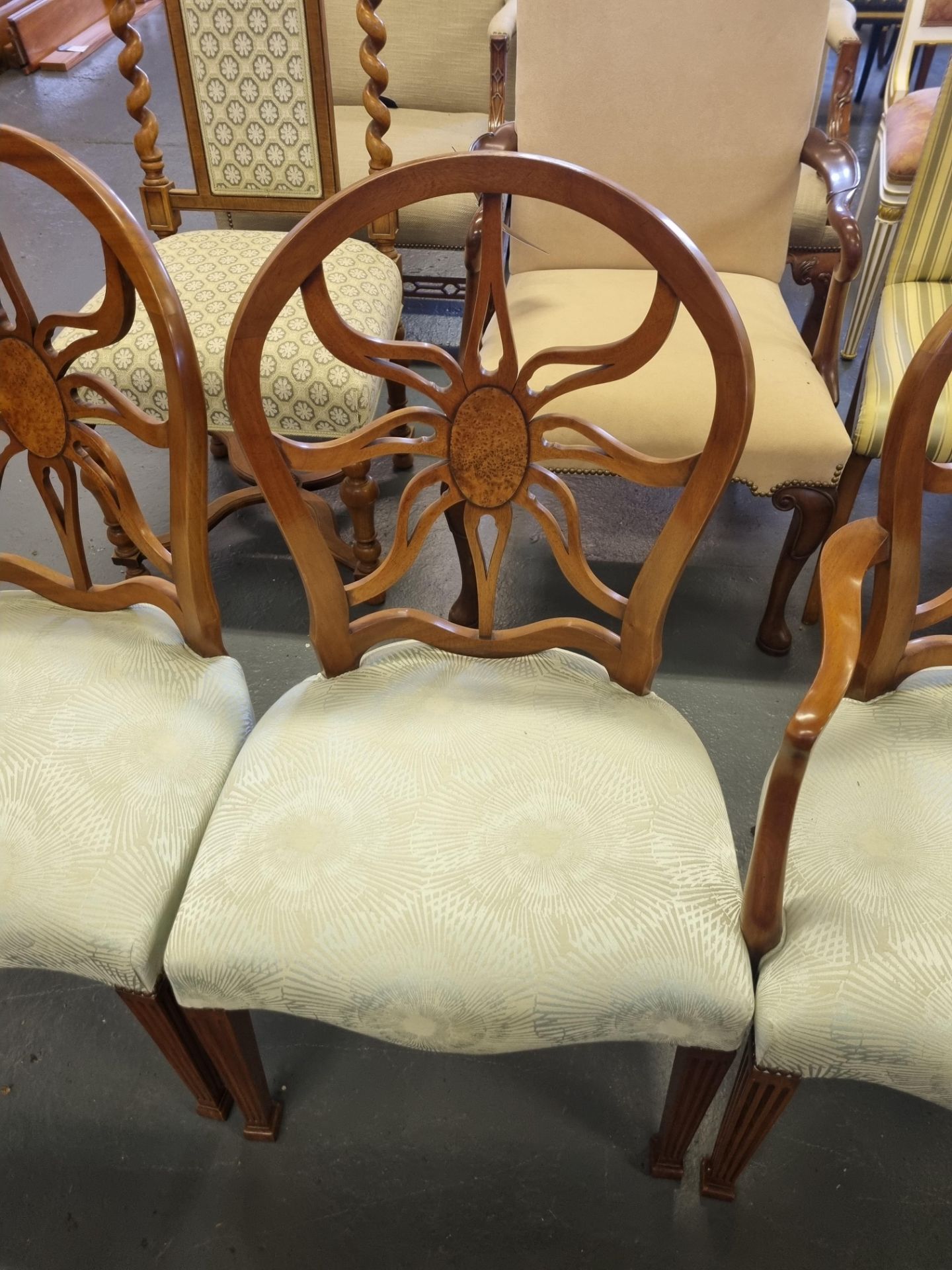 3 X Arthur Brett Mahogany Sunburst Chairs With Bespoke Green Silk Patterned Upholstery George III - Image 3 of 3