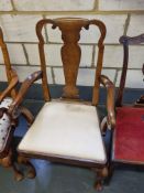 2 X Arthur Brett Walnut Queen Ann-Style Upholstered Dining Arm Chair On Hand-Carved And Shaped