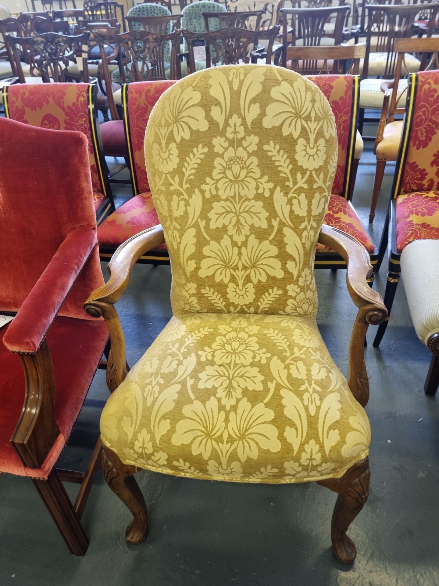Arthur Brett Upholstered High Back Arm Chair With Beautiful Curved Arms And Legs Height 110cm