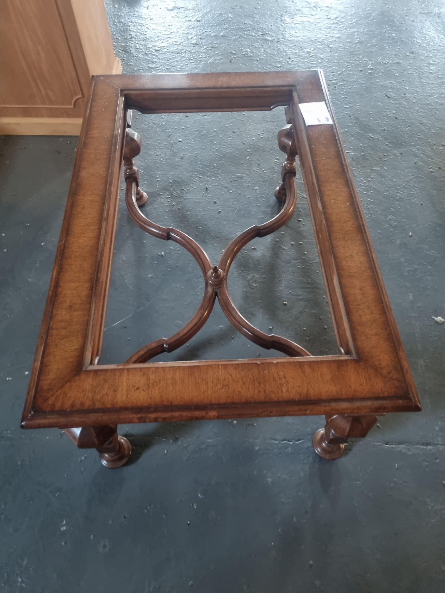 Arthur Brett Walnut Coffee Table (Glass Top Is Missing) Featuring A Cross Grain Moulded Frame. The