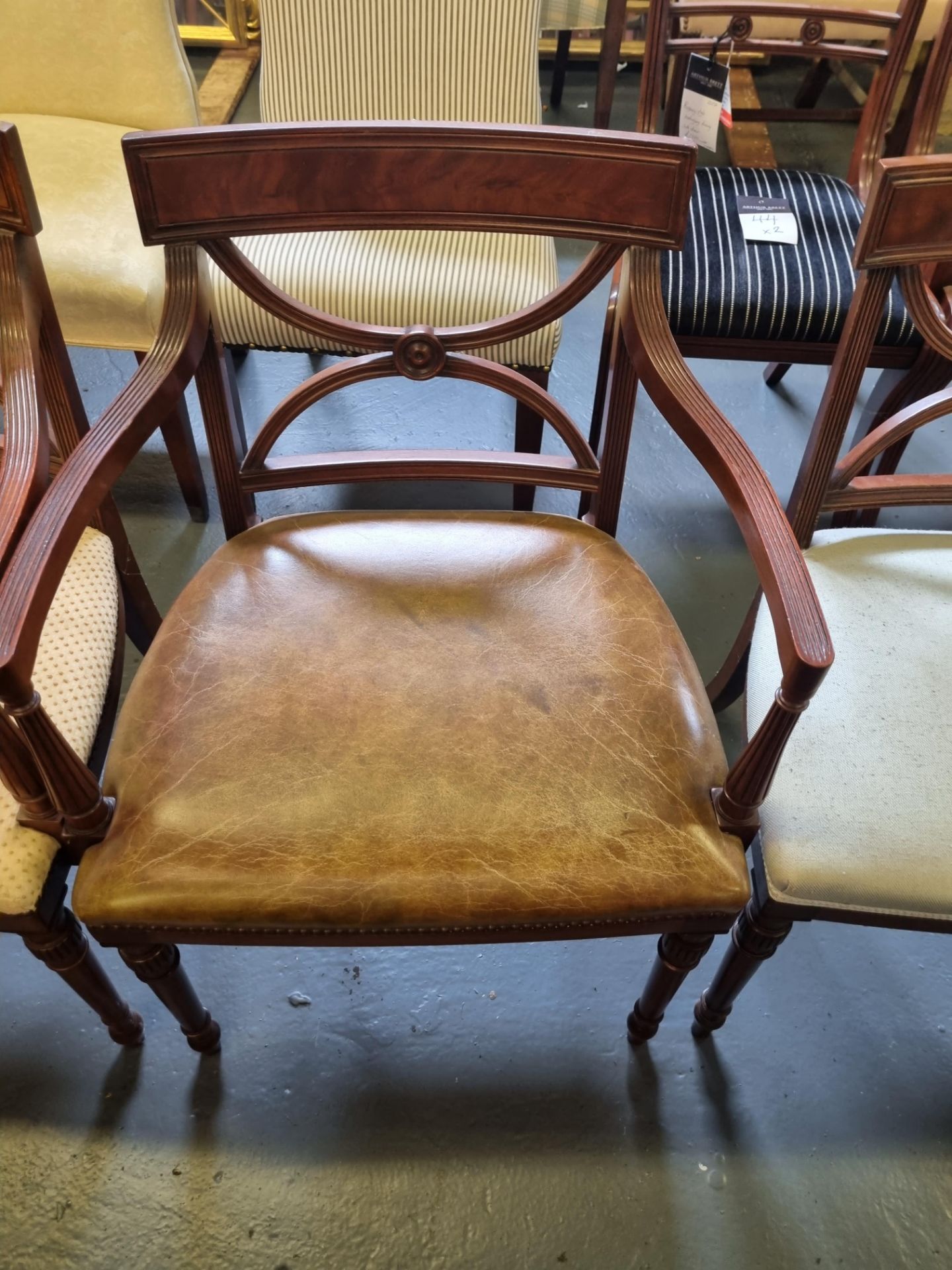 6 X Arthur Brett Sheraton-Style Mahogany Upholstered Dining Chairs Featuring A Well Figured Mahogany - Image 7 of 8