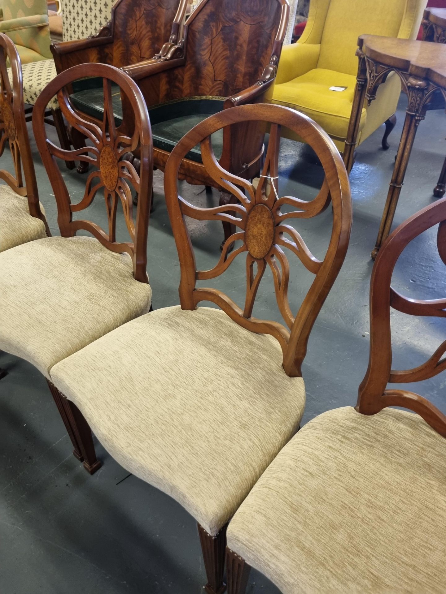 5 X Arthur Brett Mahogany Sunburst Side Chair With Bespoke Mushroom Patterned Upholstery George - Image 2 of 3