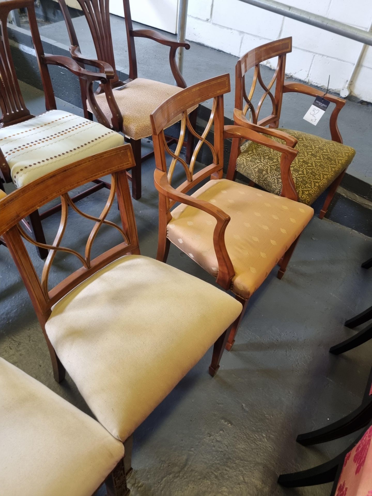 3 X Arthur Brett Sheraton-Style Cherrywood Upholstered Dining Chairs With Tulip-Wood Inlay In The - Image 2 of 5