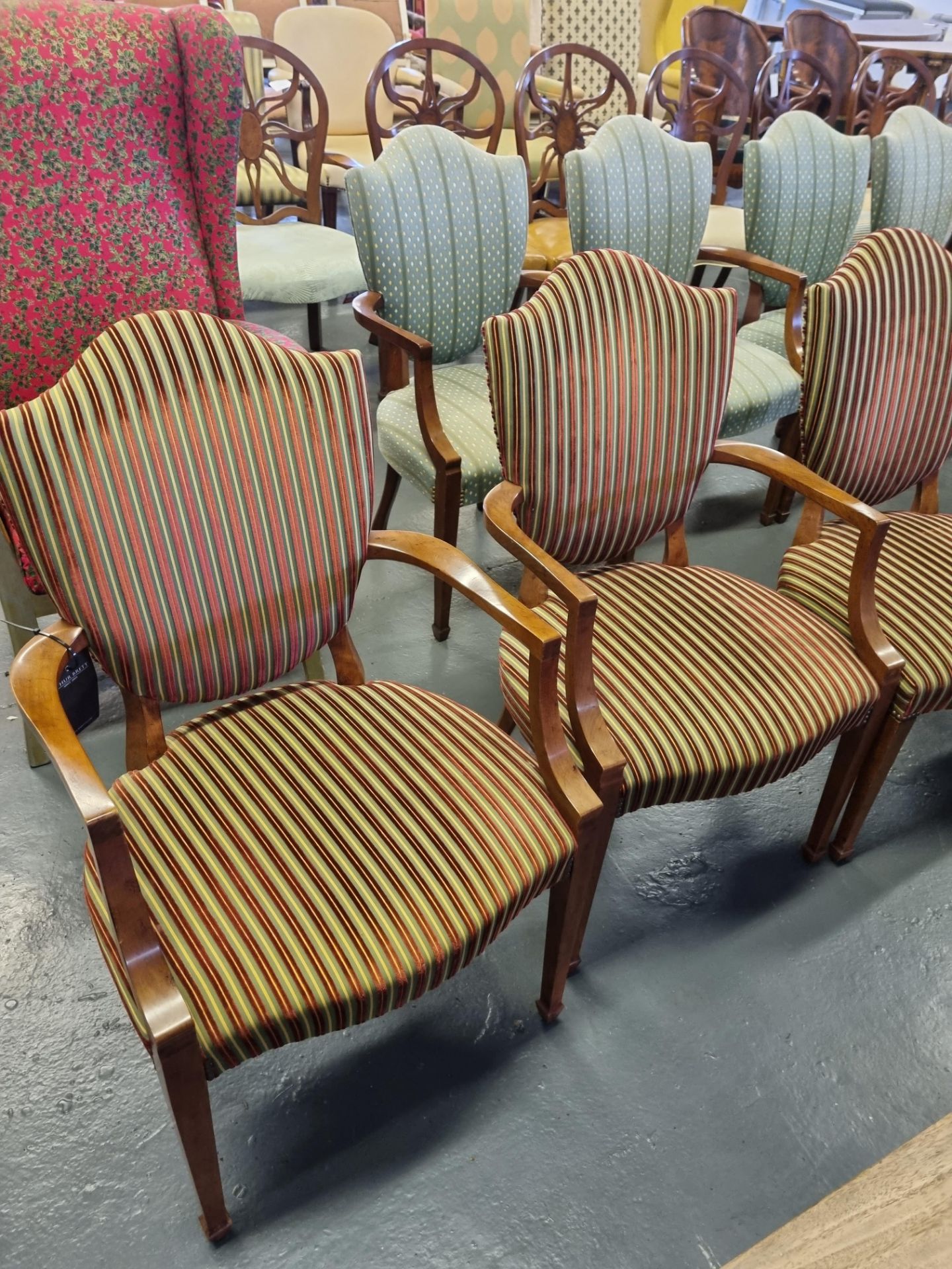 7 X Arthur Brett Upholstered Shield Back Chairs In Green/Red/Gold Stripe Bespoke Upholstery The - Image 2 of 5