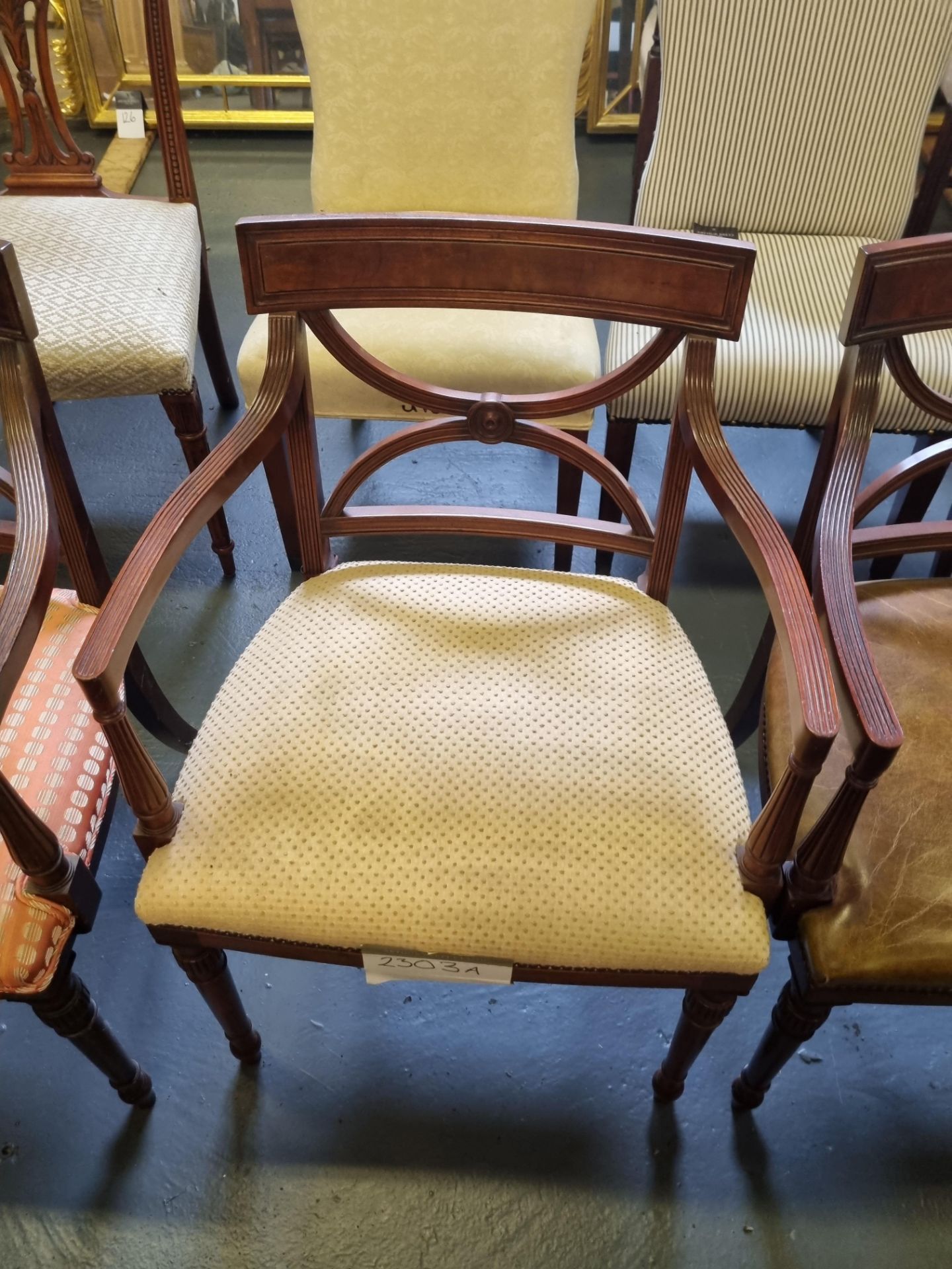 6 X Arthur Brett Sheraton-Style Mahogany Upholstered Dining Chairs Featuring A Well Figured Mahogany - Image 8 of 8