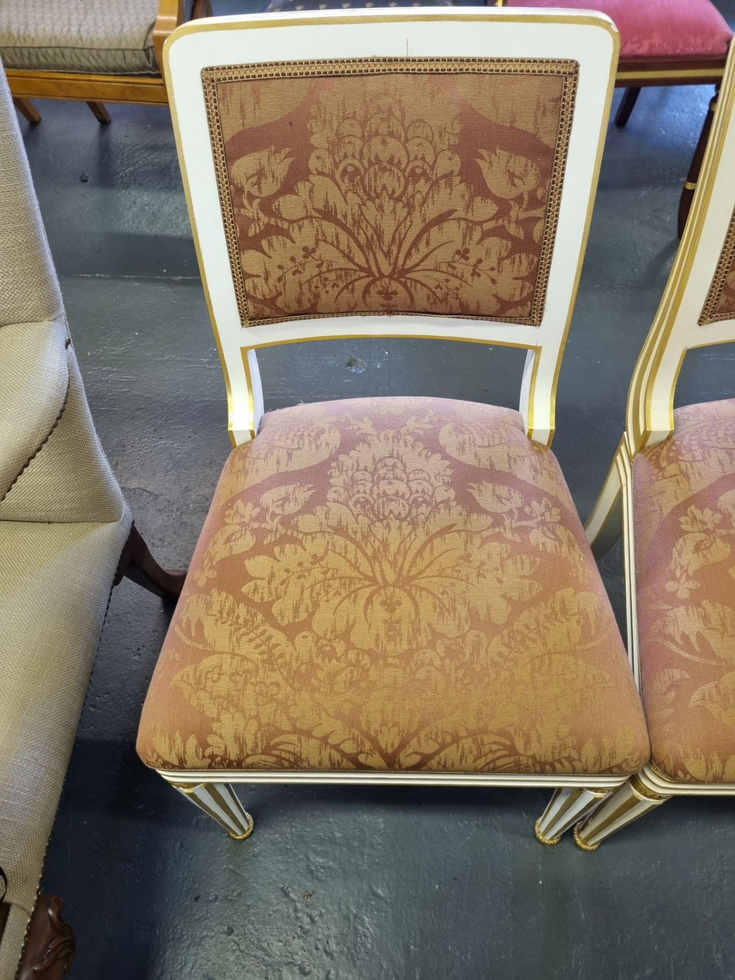 4 X Arthur Brett Dining Chairs With Rose Gold Pattern Upholstery Seat And Back Rest On A Elegant