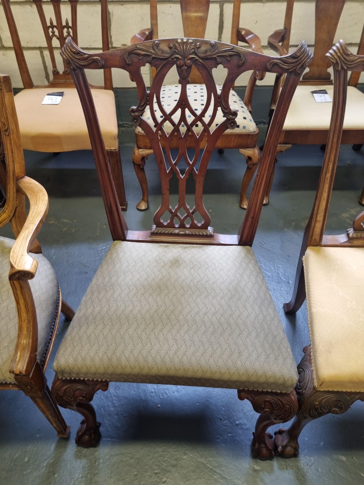 3 X Arthur Brett Mid-Georgian-Style Carved Mahogany Upholstered Dining Chairs With Brown - Image 2 of 5