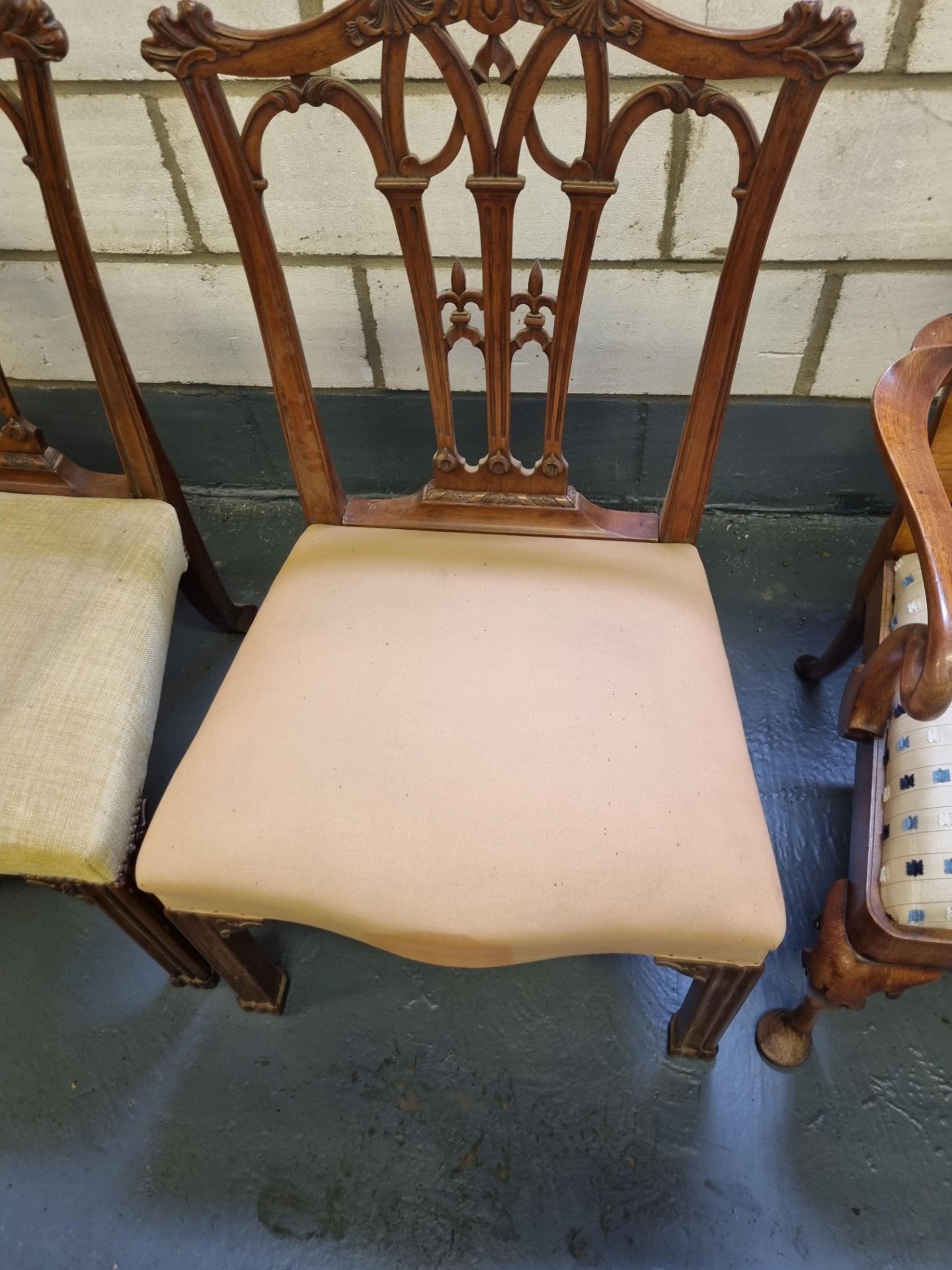 3 X Arthur Brett Mahogany Upholstered Dining Chairs With Great Carving Detail To Back And Legs; - Image 2 of 5