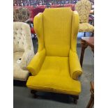 Arthur Brett Mahogany Wing Chair Bespoke Yellow Upholstery Hand-Carved Mahogany Wing Chair