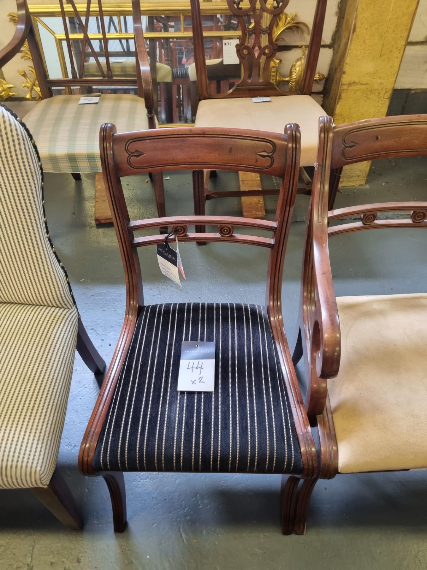 2 X Arthur Brett Regency-Style Mahogany Dining Chairs Upholstered On Sabre Legs With Drop In Seat, - Image 3 of 3