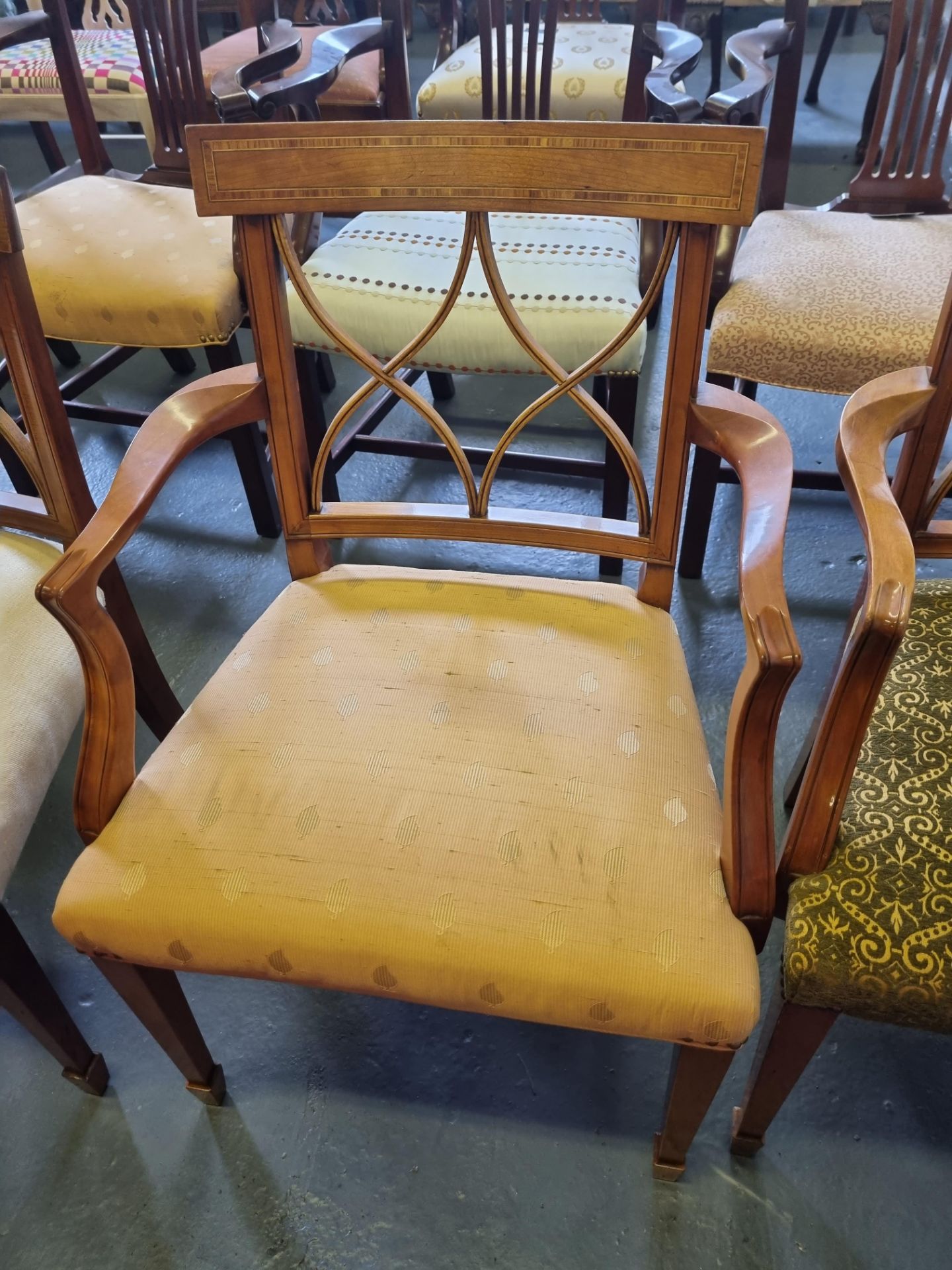 3 X Arthur Brett Sheraton-Style Cherrywood Upholstered Dining Chairs With Tulip-Wood Inlay In The - Image 3 of 5
