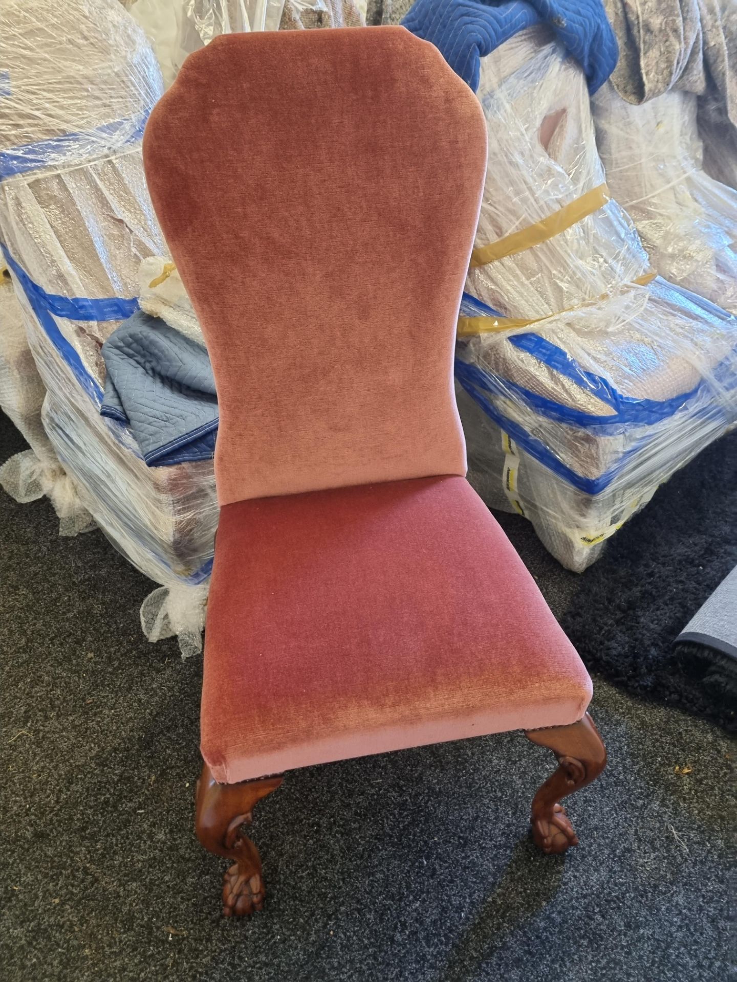 4 X Arthur Brett High Back Chairs Upholstered In Pink Velour With Studded Detail On Mahogany Claw - Image 2 of 5