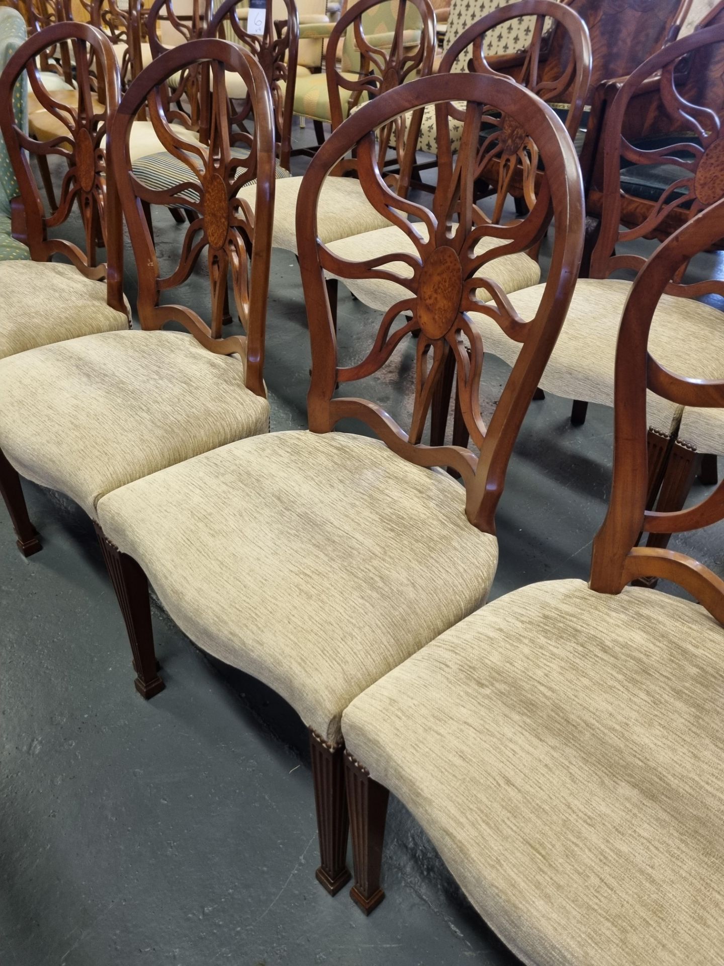 5 X Arthur Brett Mahogany Sunburst Side Chair With Bespoke Mushroom Patterned Upholstery George