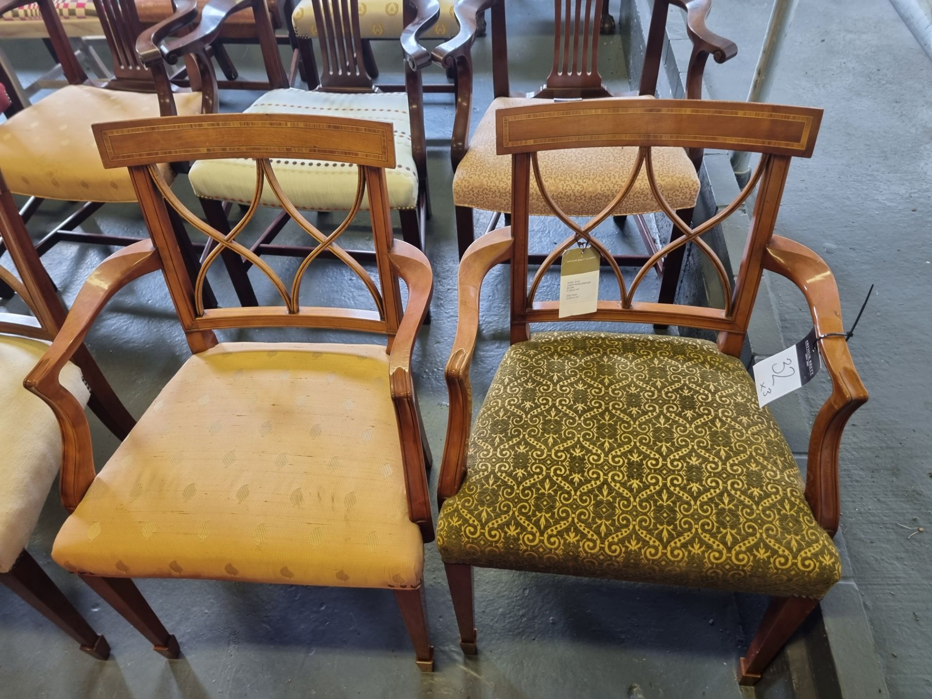 3 X Arthur Brett Sheraton-Style Cherrywood Upholstered Dining Chairs With Tulip-Wood Inlay In The - Image 4 of 5
