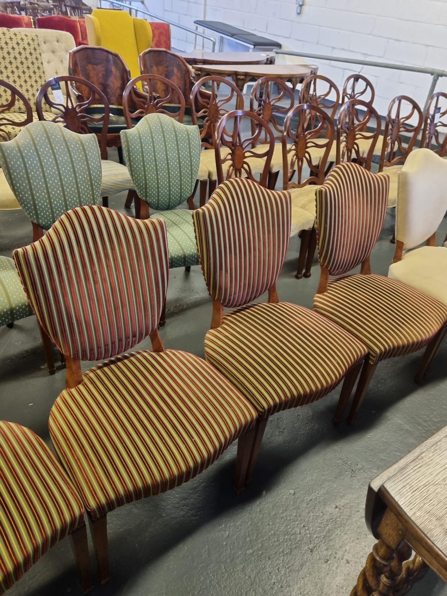 7 X Arthur Brett Upholstered Shield Back Chairs In Green/Red/Gold Stripe Bespoke Upholstery The - Image 4 of 5