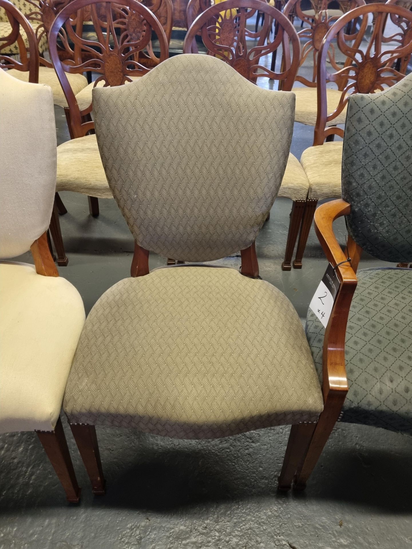 4 X Arthur Brett Upholstered Shield Back Chairs In Assorted Bespoke Upholstery The Shield Back Shape - Image 4 of 5