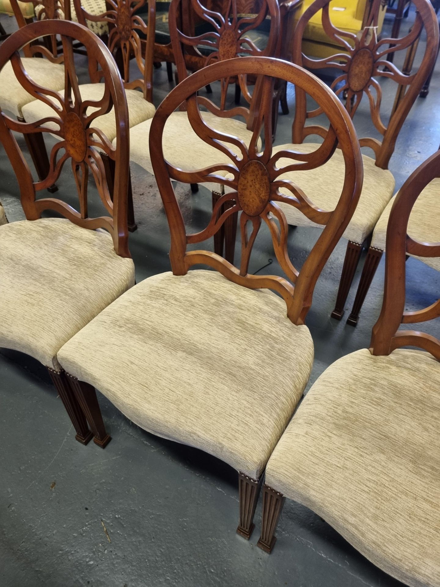 5 X Arthur Brett Mahogany Sunburst Side Chair With Bespoke Mushroom Patterned Upholstery George - Image 2 of 3