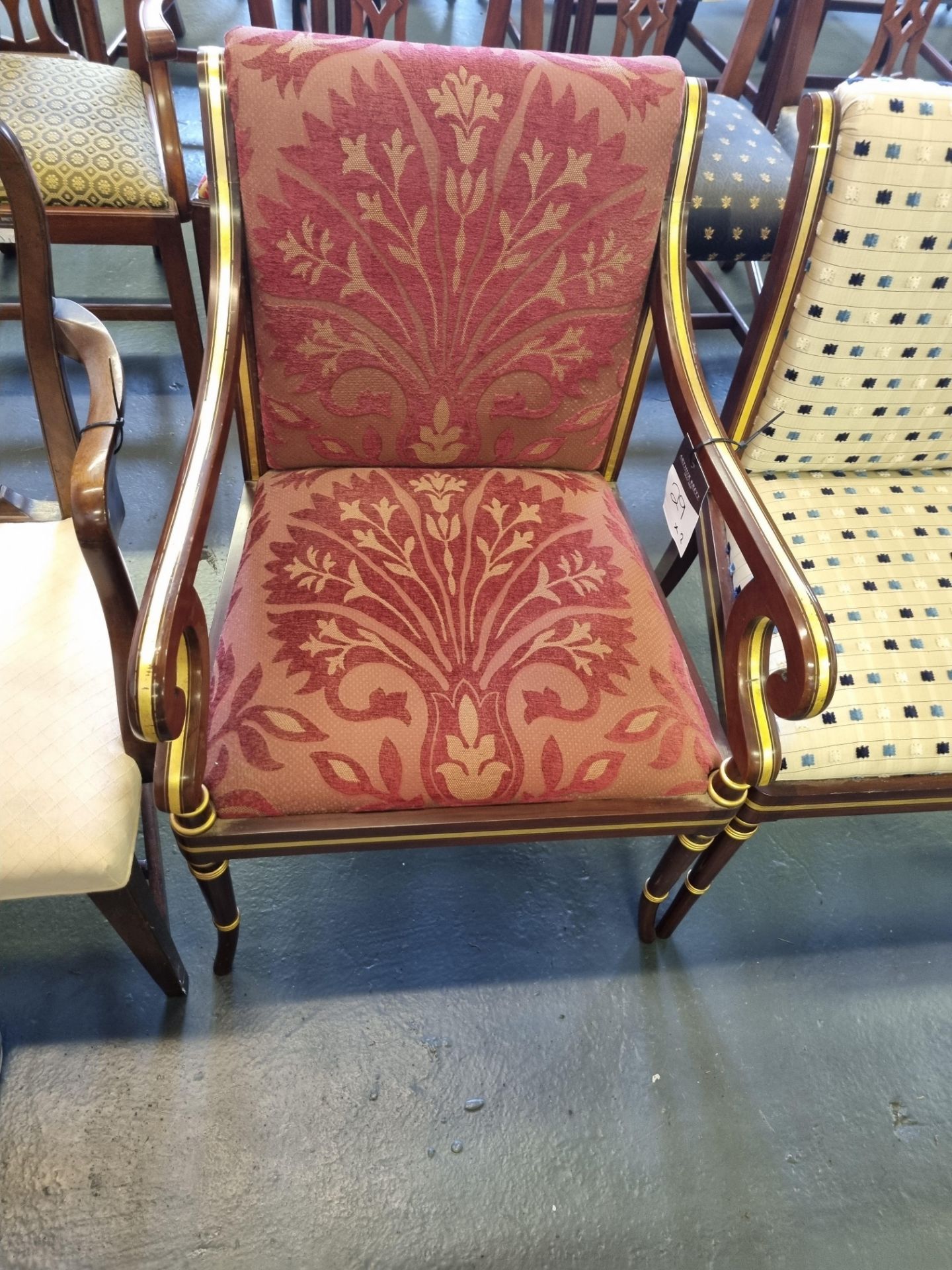 2 X Arthur Brett Rosewood Chairs Comprising Of 1 X Arm Chair Bespoke Red Upholstery Regency-Style - Image 2 of 3