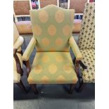 Arthur Brett Mahogany Dining Arm Chair With Green Patterned Upholstery To The Seat Back And Arms