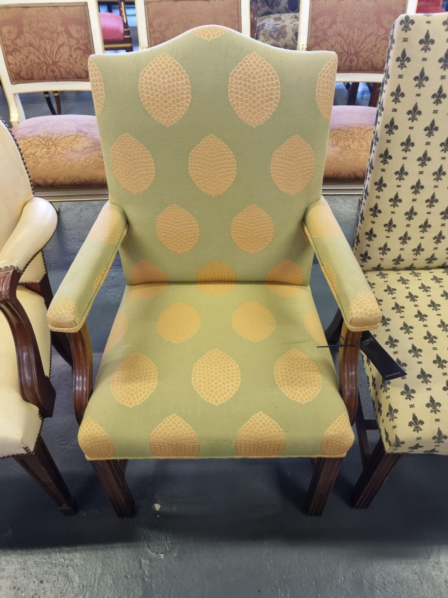 Arthur Brett Mahogany Dining Arm Chair With Green Patterned Upholstery To The Seat Back And Arms