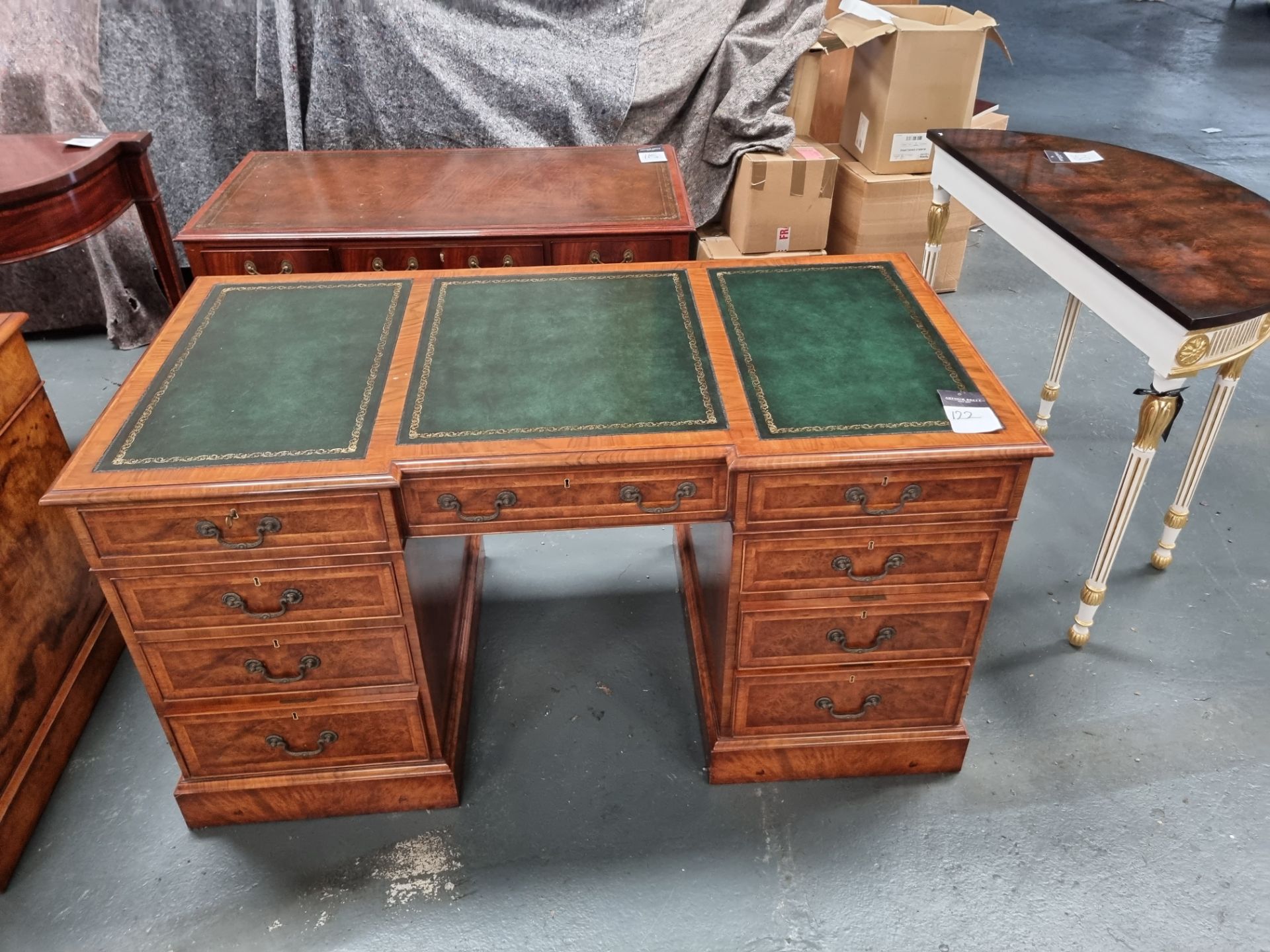 Arthur Brett Walnut Pedestal Desk With Three Sections Of Bright Green Leather Inlay On Two Pedestals - Image 2 of 2