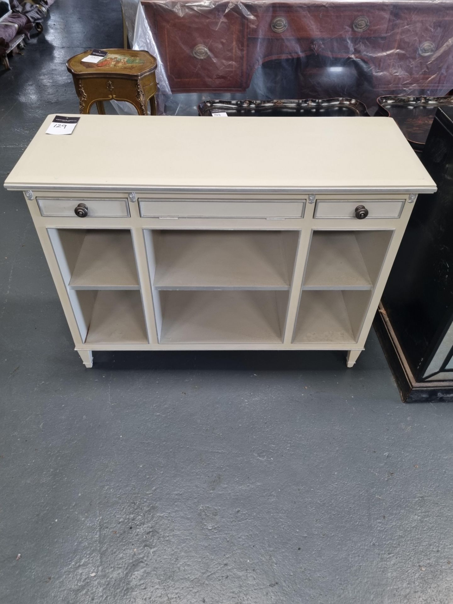 Console Unit In White And Silver Leaf And Bevel Edge Detail With Two Drawers, 6 Shelves With