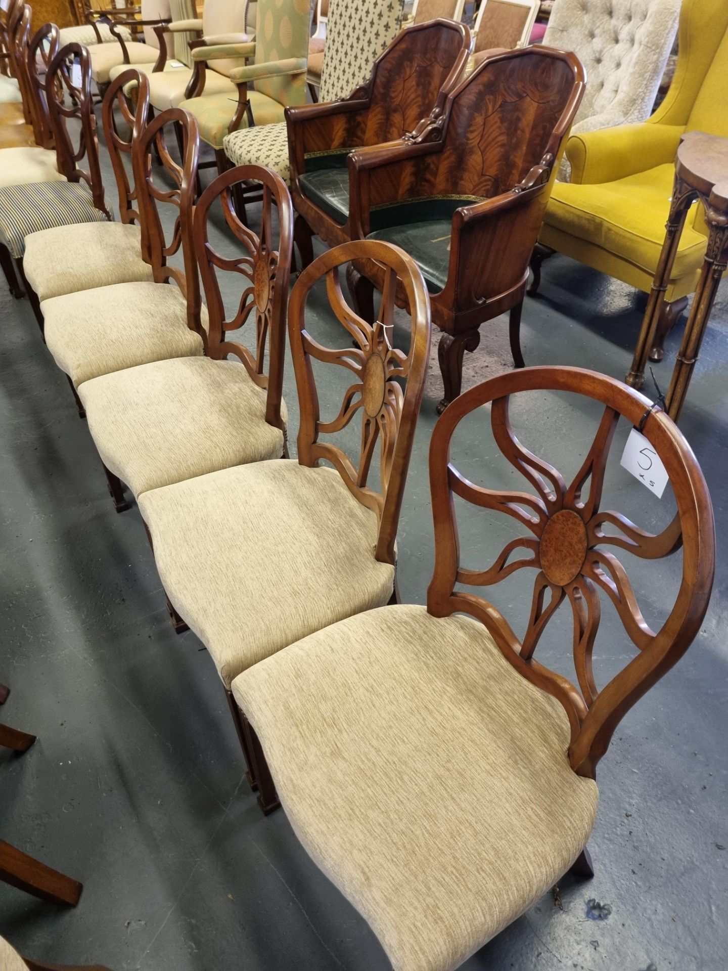 5 X Arthur Brett Mahogany Sunburst Side Chair With Bespoke Mushroom Patterned Upholstery George - Image 3 of 3