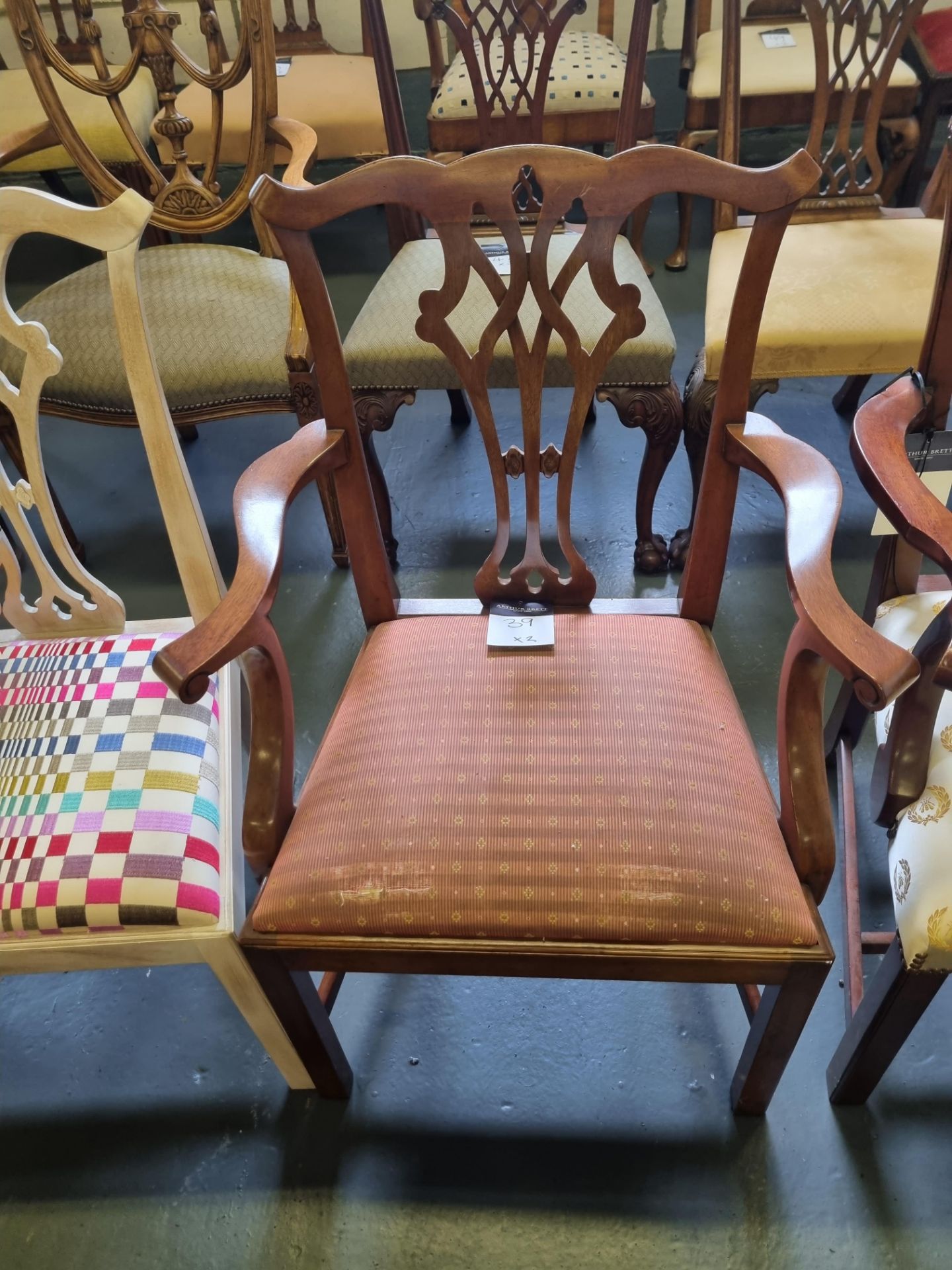 2 X Arthur Brett Classic Mahogany Mid 18th Century Style Upholstered Dining Chairs With Restrained - Image 2 of 3