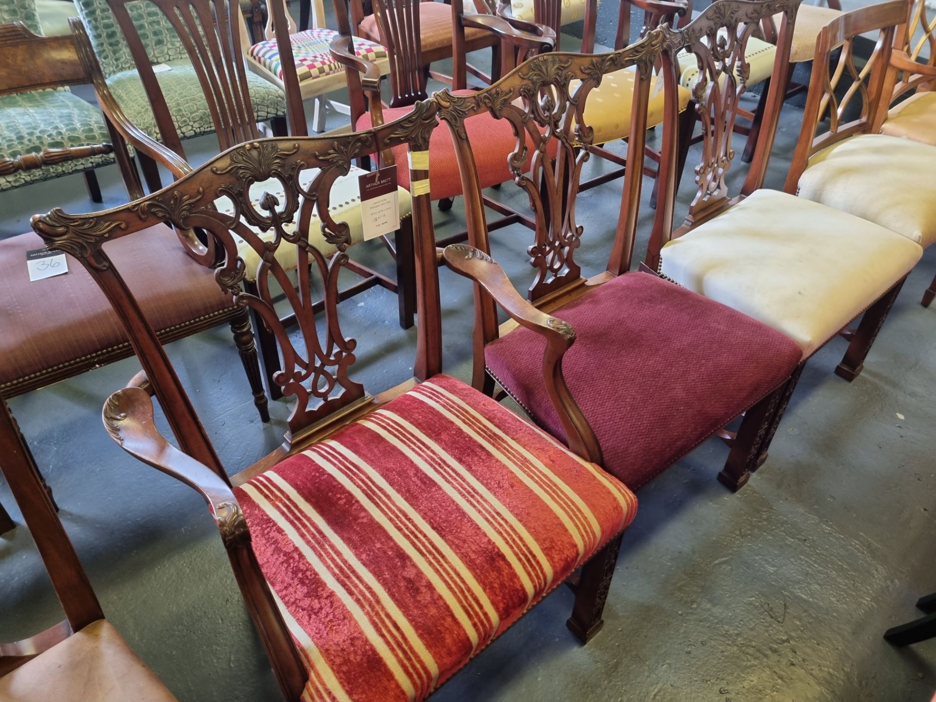 3 X Arthur Brett Mahogany Upholstered Dining Chairs With Subtly Carved Detail To Back And Front Legs - Image 5 of 5