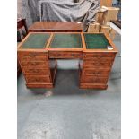 Arthur Brett Walnut Pedestal Desk With Three Sections Of Bright Green Leather Inlay On Two Pedestals