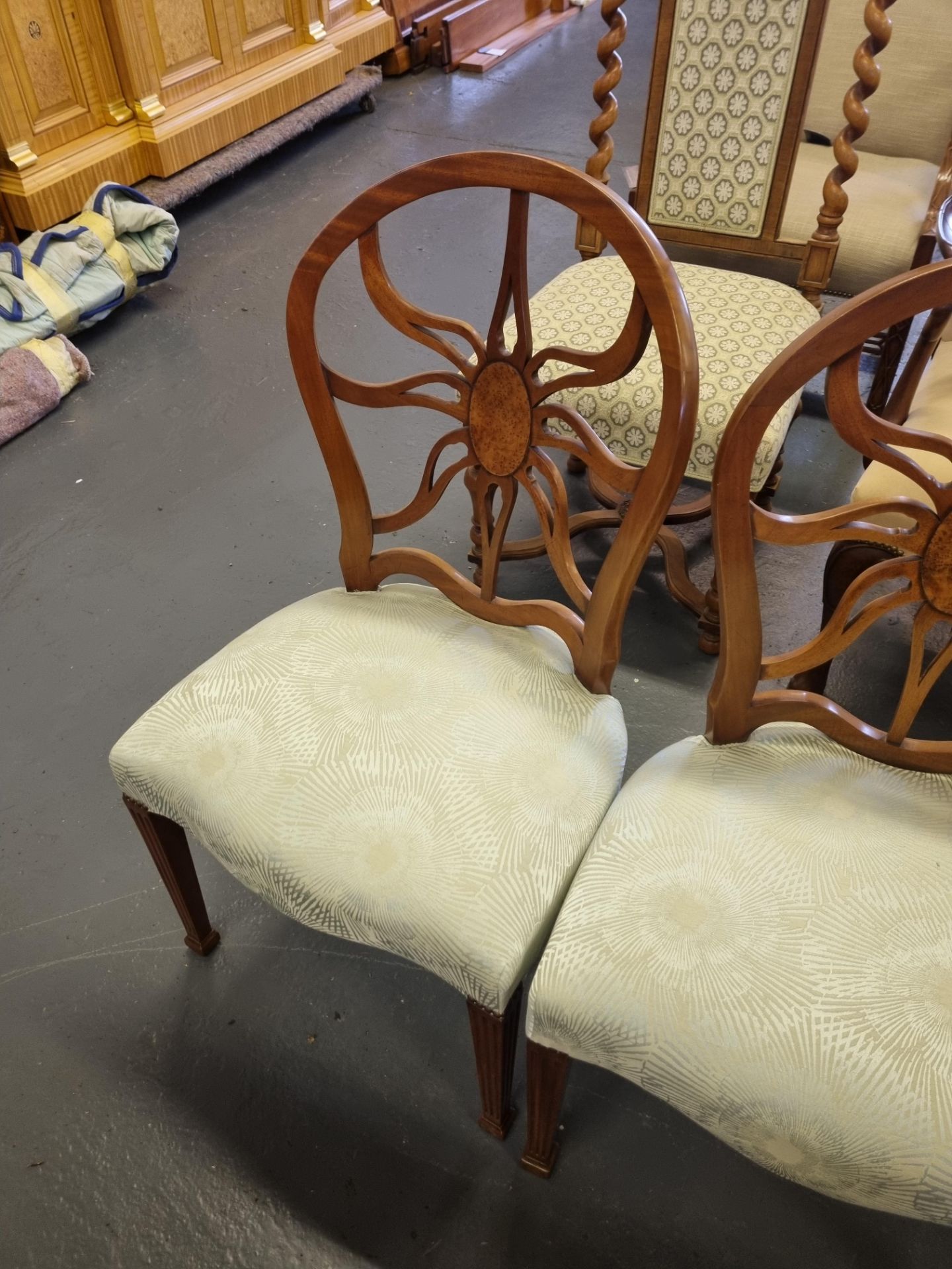 3 X Arthur Brett Mahogany Sunburst Chairs With Bespoke Green Silk Patterned Upholstery George III
