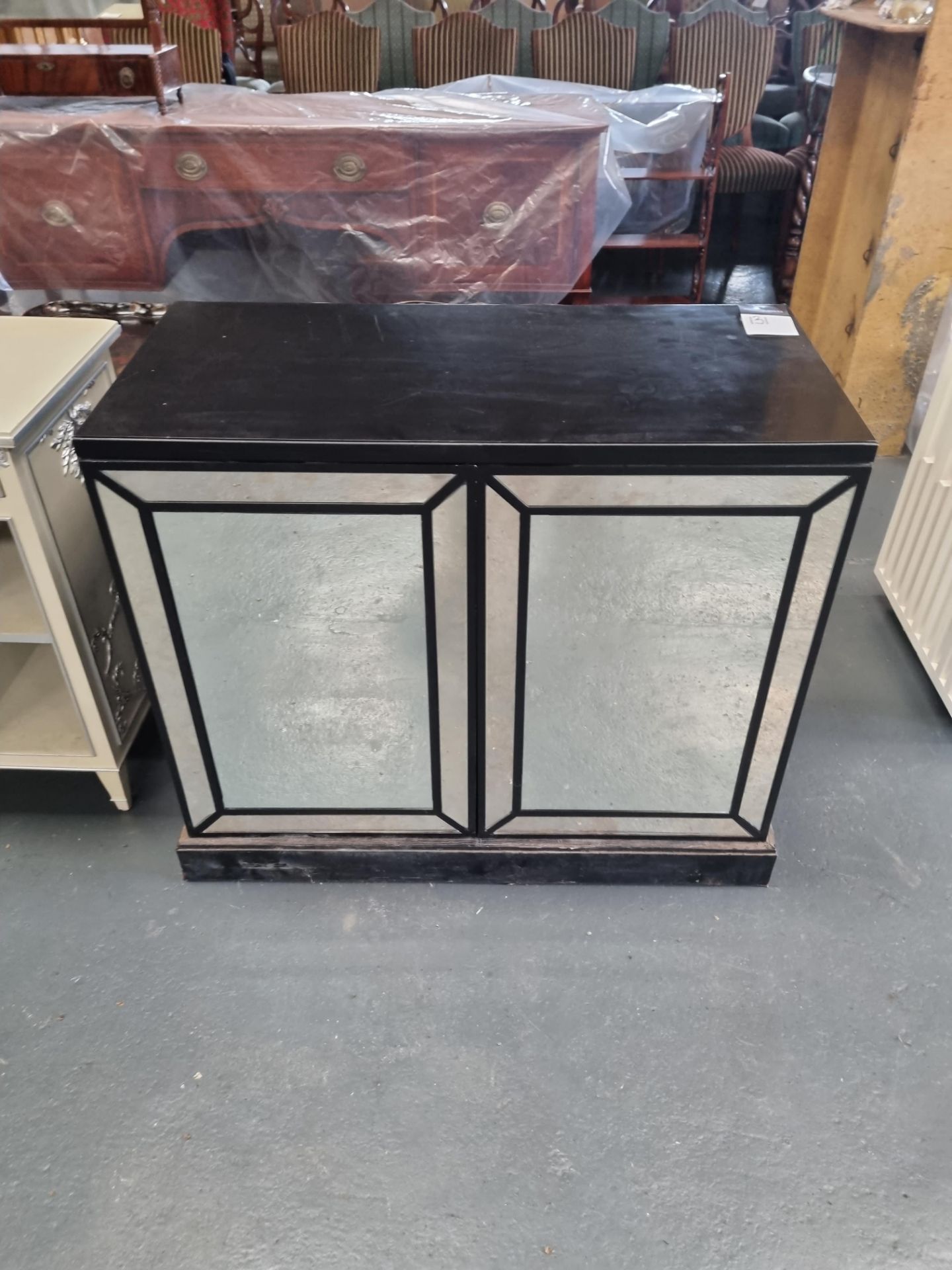 Two Door Mirrored Cabinet In Black Lacquer Finish With One Shelf Height 85cm Width 100cm Depth 48cm