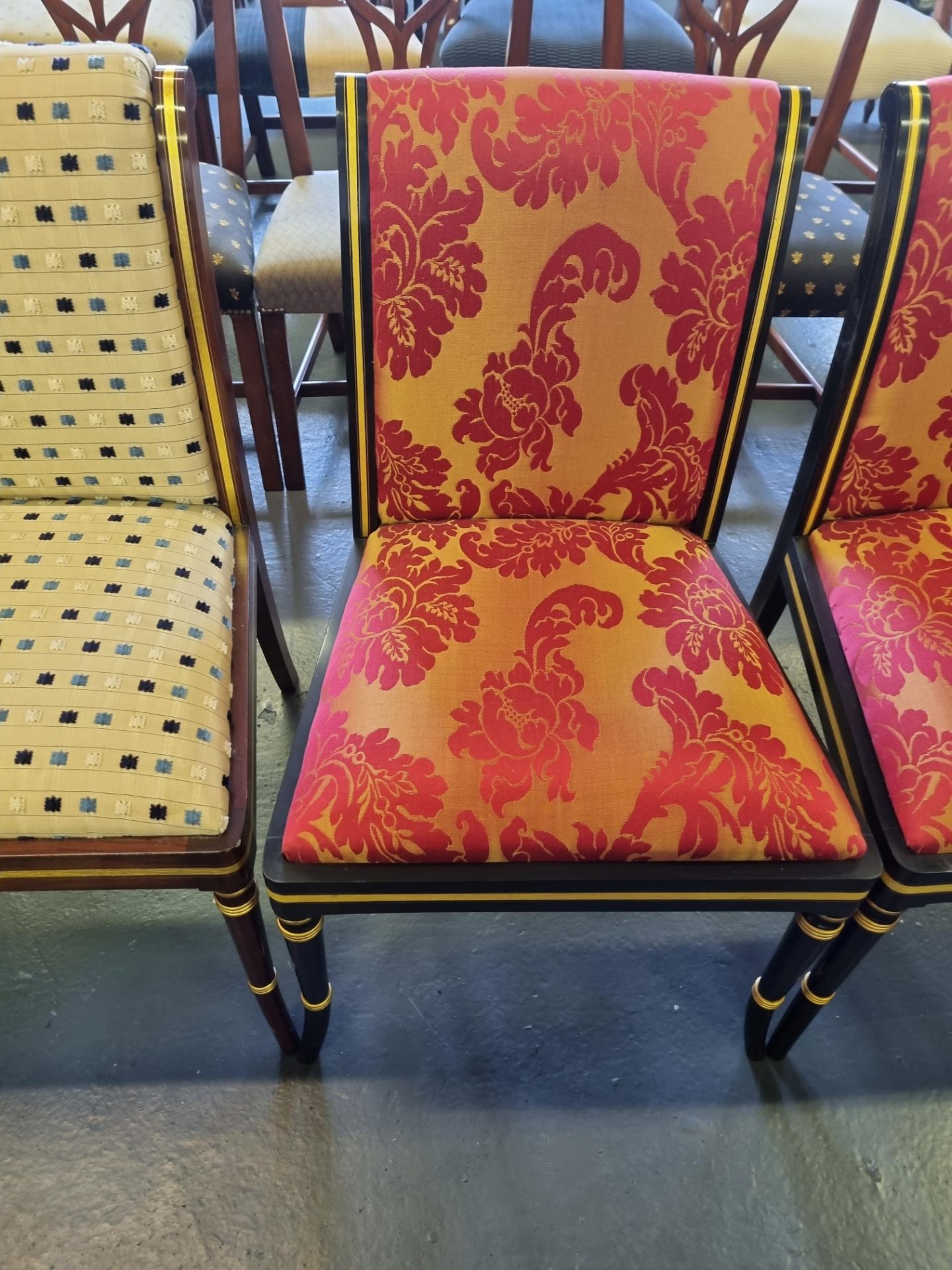 5 X Arthur Brett Ebonised & Gilt Side Chair In Bespoke Red Upholstery Regency-Style Upholstered Back - Image 2 of 3