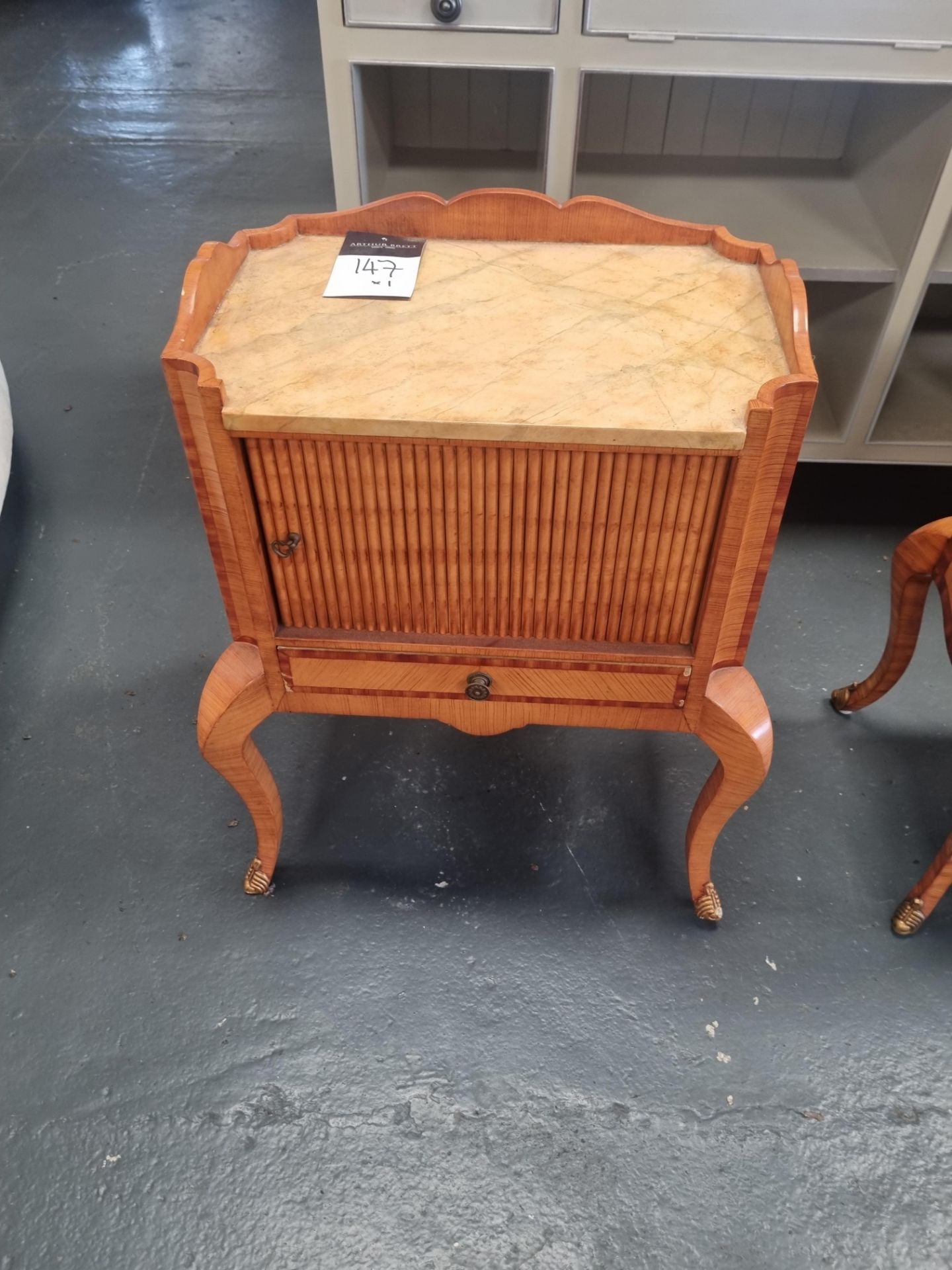 Bedside Table With Sliding Door And Draw On Bowed Legs With Brass Feet Broken Leg/Foot Height 65cm