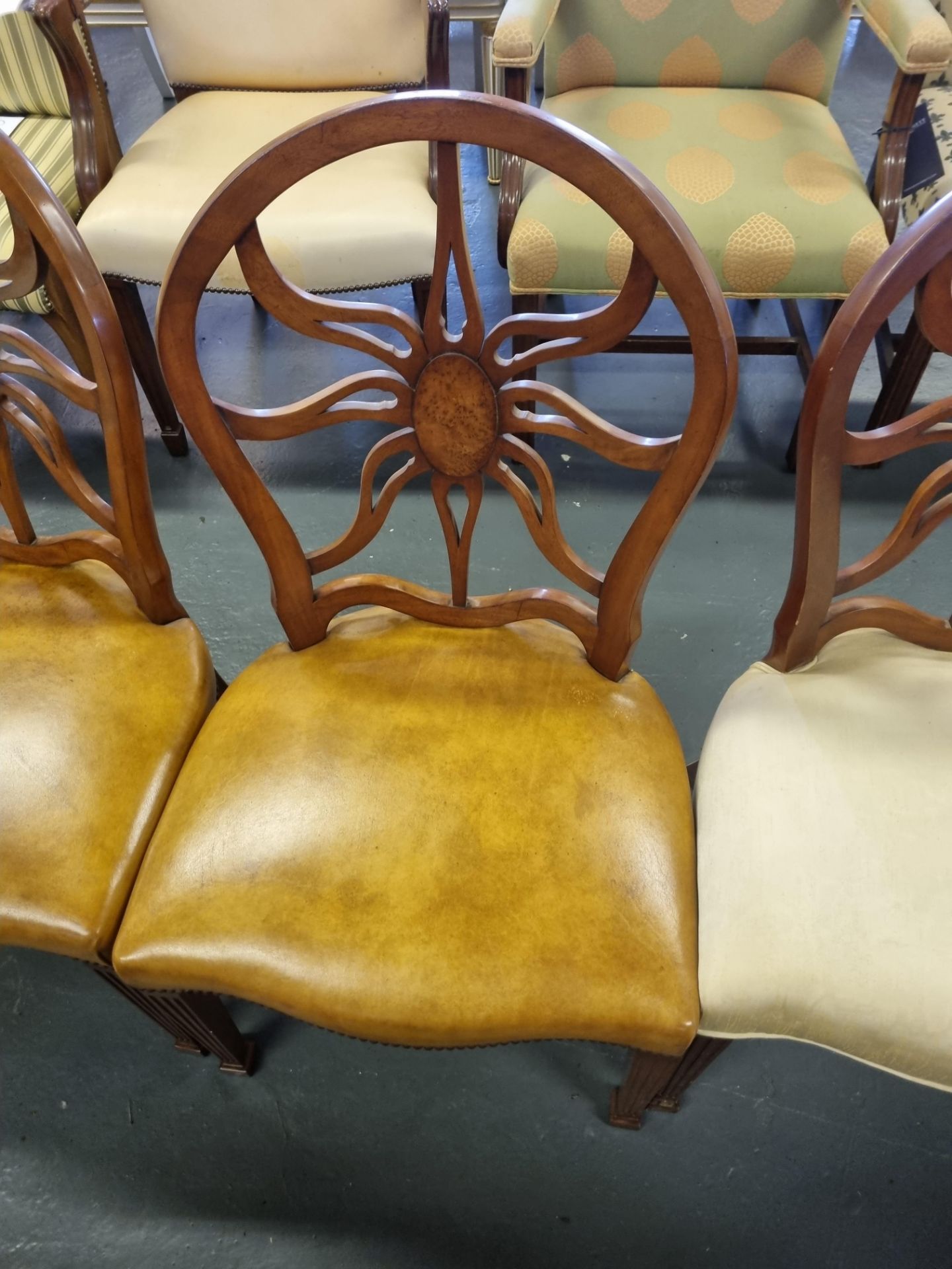 4 X Arthur Brett Mahogany Sunburst Side Chair With Bespoke Assorted Patterned Upholstery George - Image 4 of 5