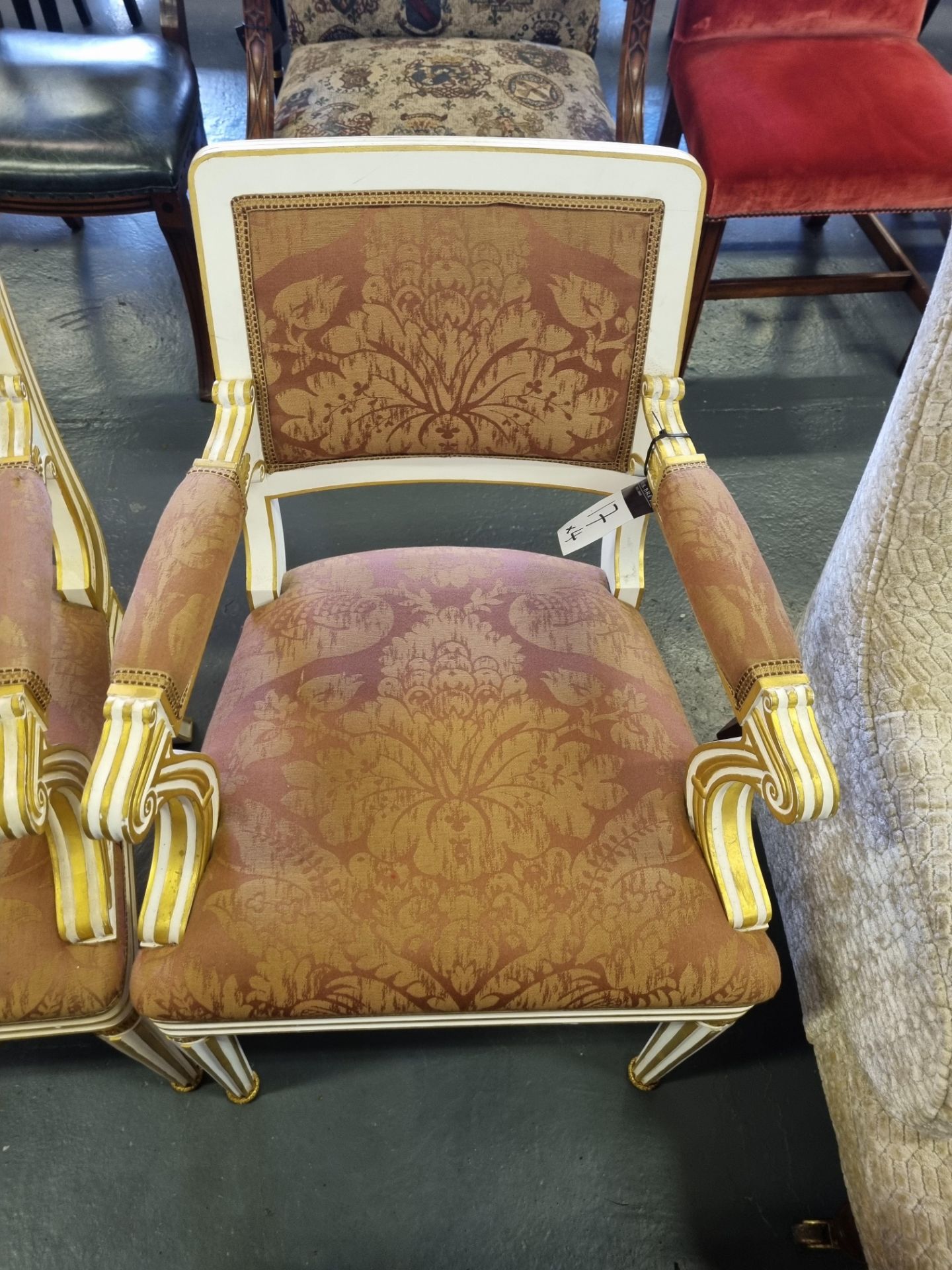 4 X Arthur Brett Dining Chairs With Rose Gold Pattern Upholstery Seat And Back Rest On A Elegant - Image 2 of 4