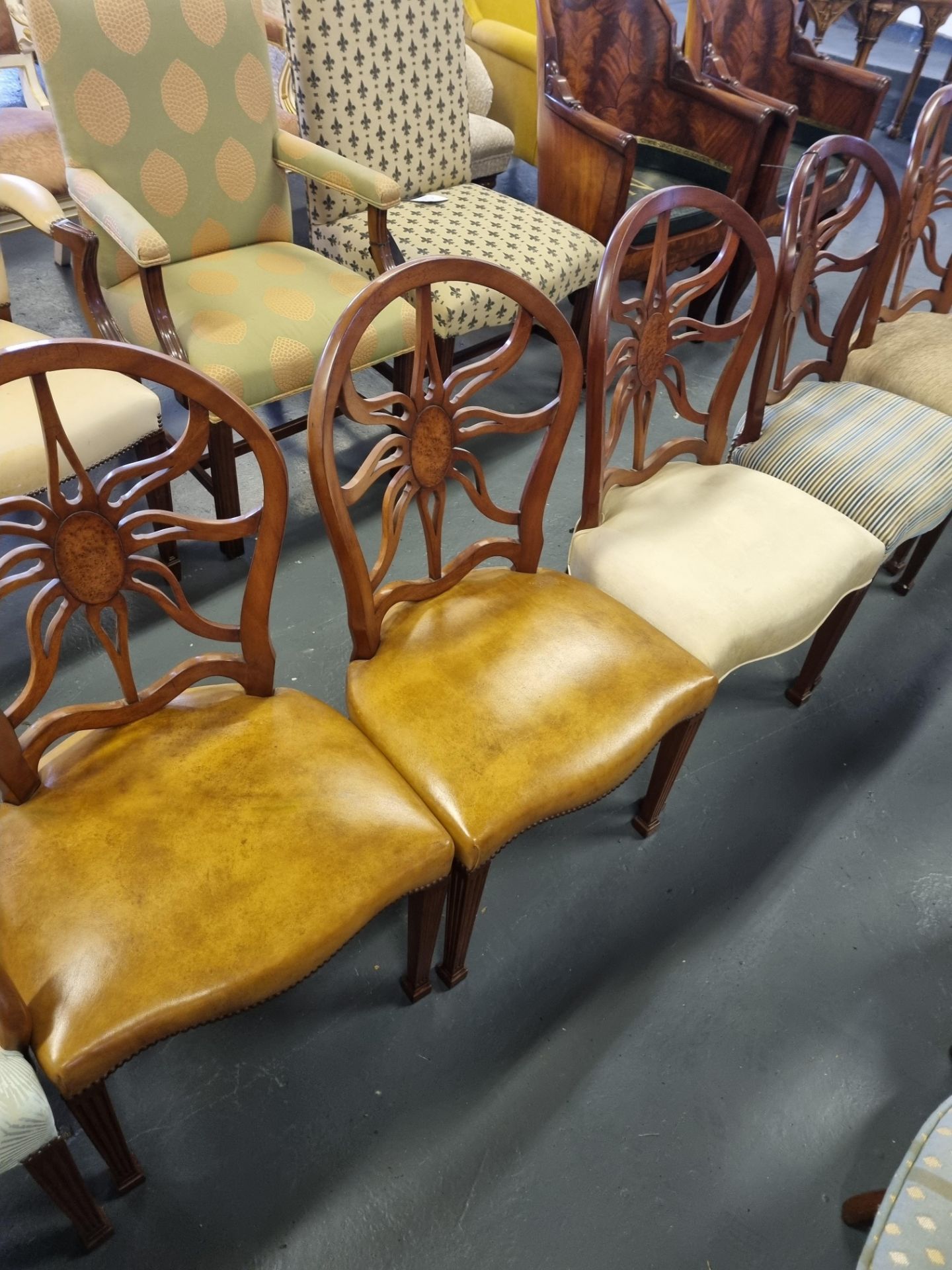 4 X Arthur Brett Mahogany Sunburst Side Chair With Bespoke Assorted Patterned Upholstery George
