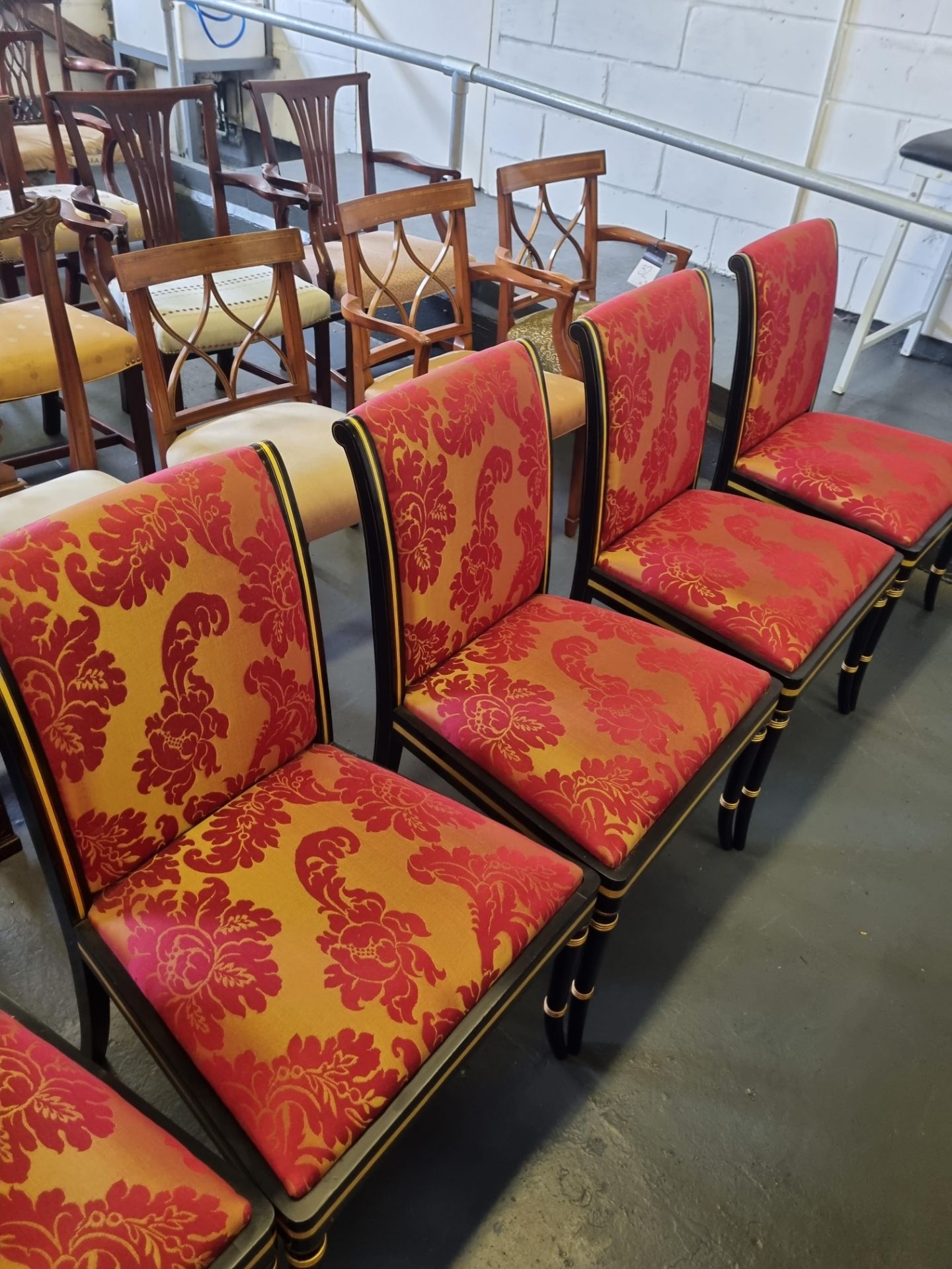 4 X Arthur Brett Ebonised & Gilt Side Chair In Bespoke Red Upholstery Regency-Style Upholstered Back - Image 3 of 3