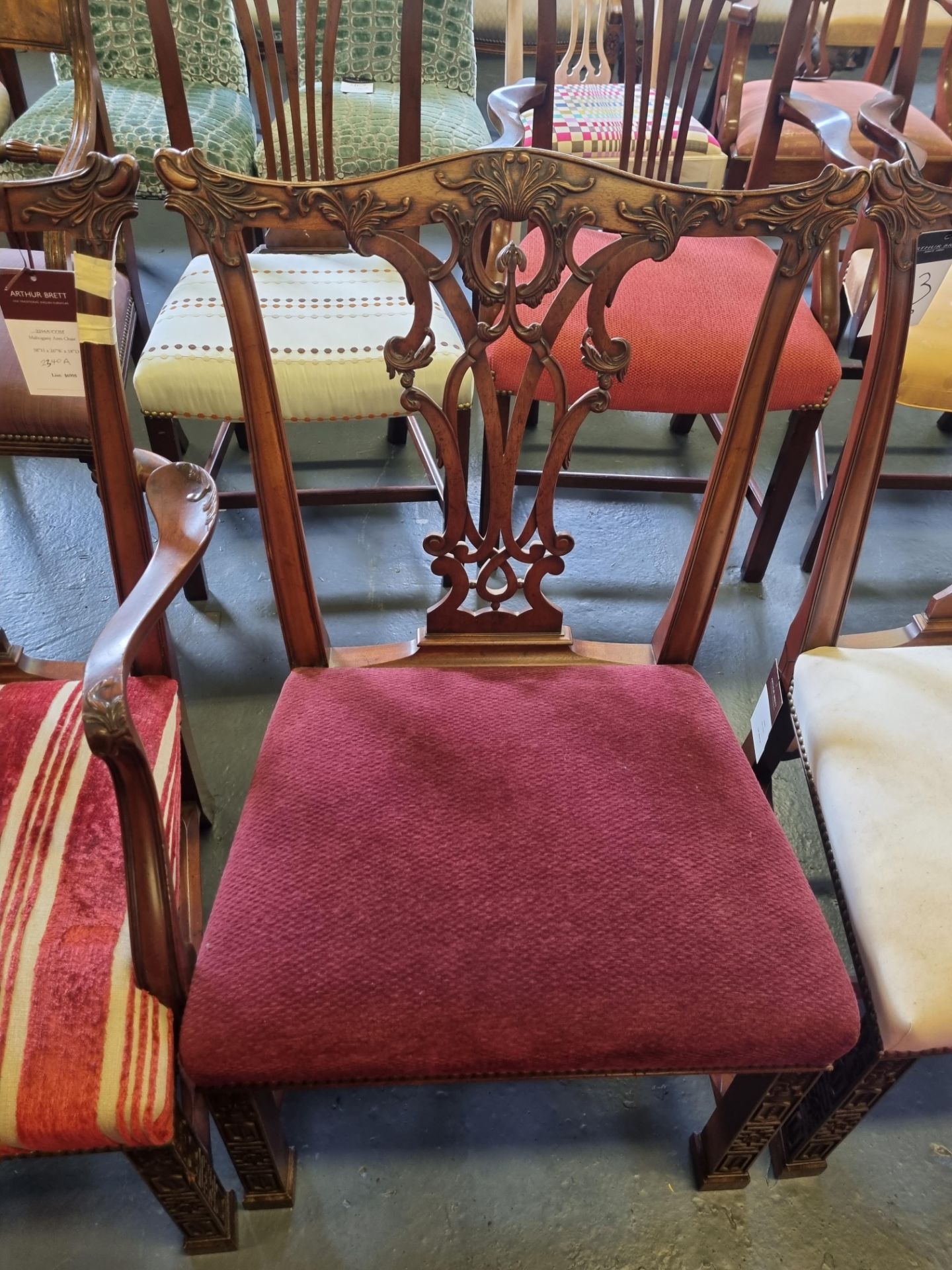 3 X Arthur Brett Mahogany Upholstered Dining Chairs With Subtly Carved Detail To Back And Front Legs - Image 3 of 5