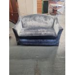 Blue Flush Velvet Sofa With Rose Pattern Detail On Wooden Legs And Brass Castors Height 95cm Width