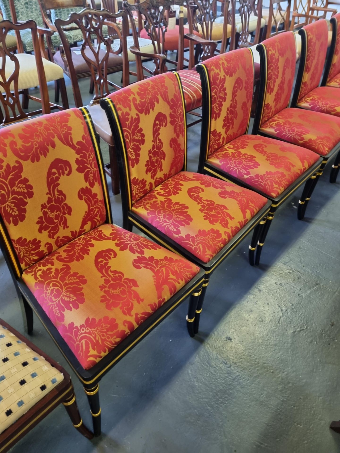 5 X Arthur Brett Ebonised & Gilt Side Chair In Bespoke Red Upholstery Regency-Style Upholstered Back - Image 3 of 3