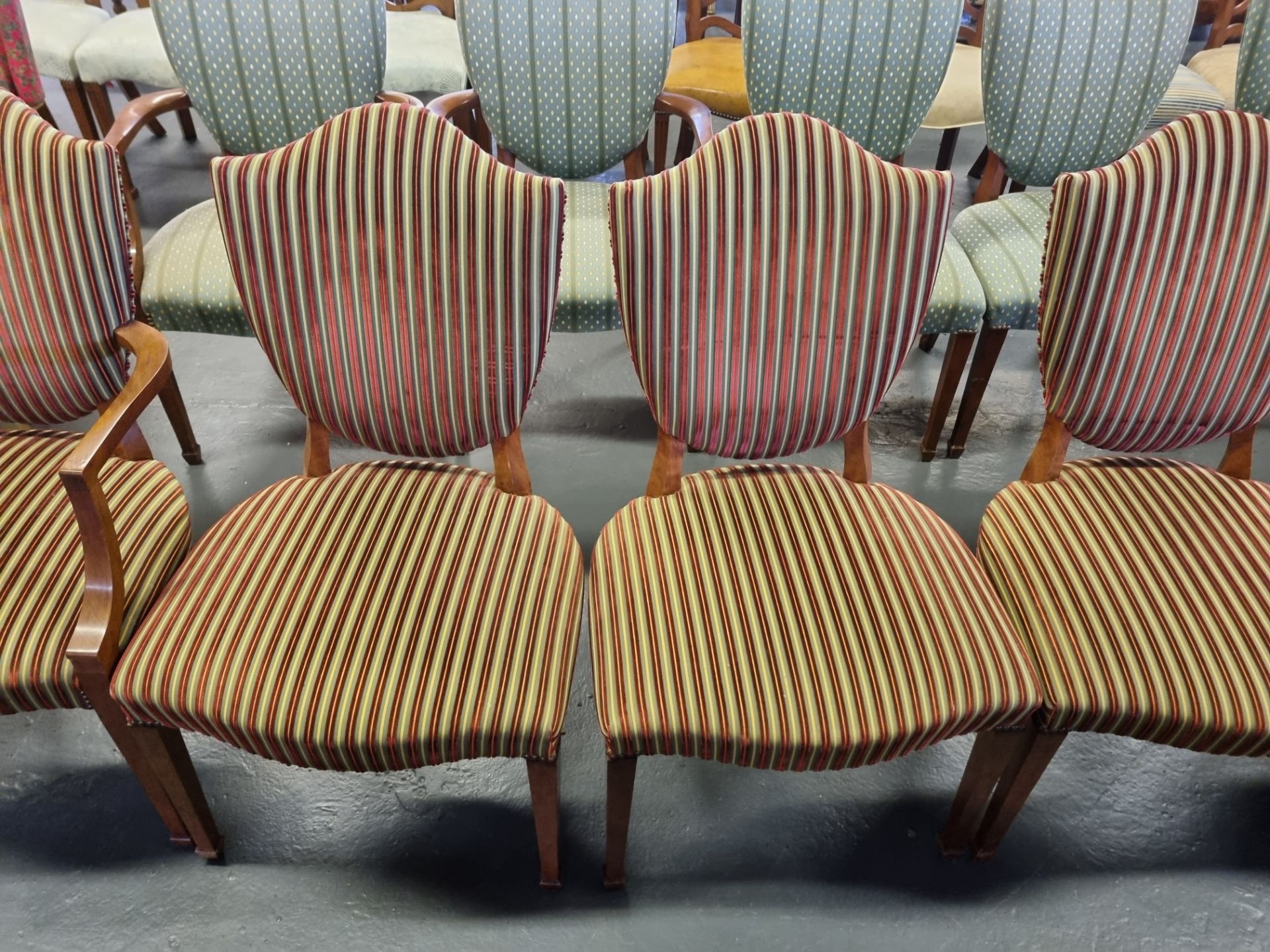 7 X Arthur Brett Upholstered Shield Back Chairs In Green/Red/Gold Stripe Bespoke Upholstery The - Image 5 of 5