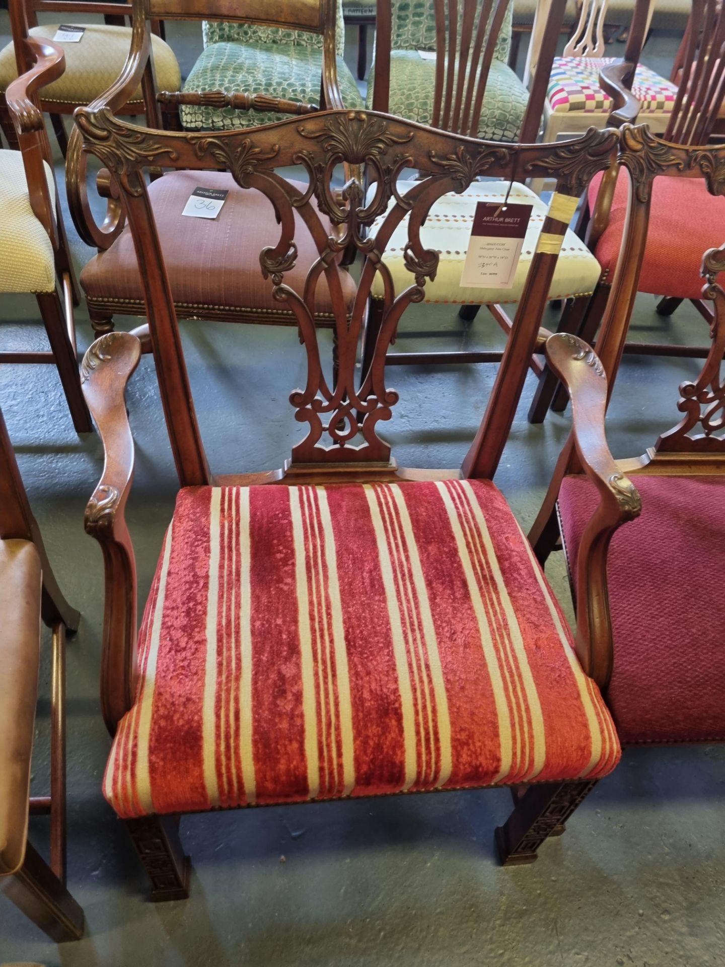 3 X Arthur Brett Mahogany Upholstered Dining Chairs With Subtly Carved Detail To Back And Front Legs - Image 4 of 5